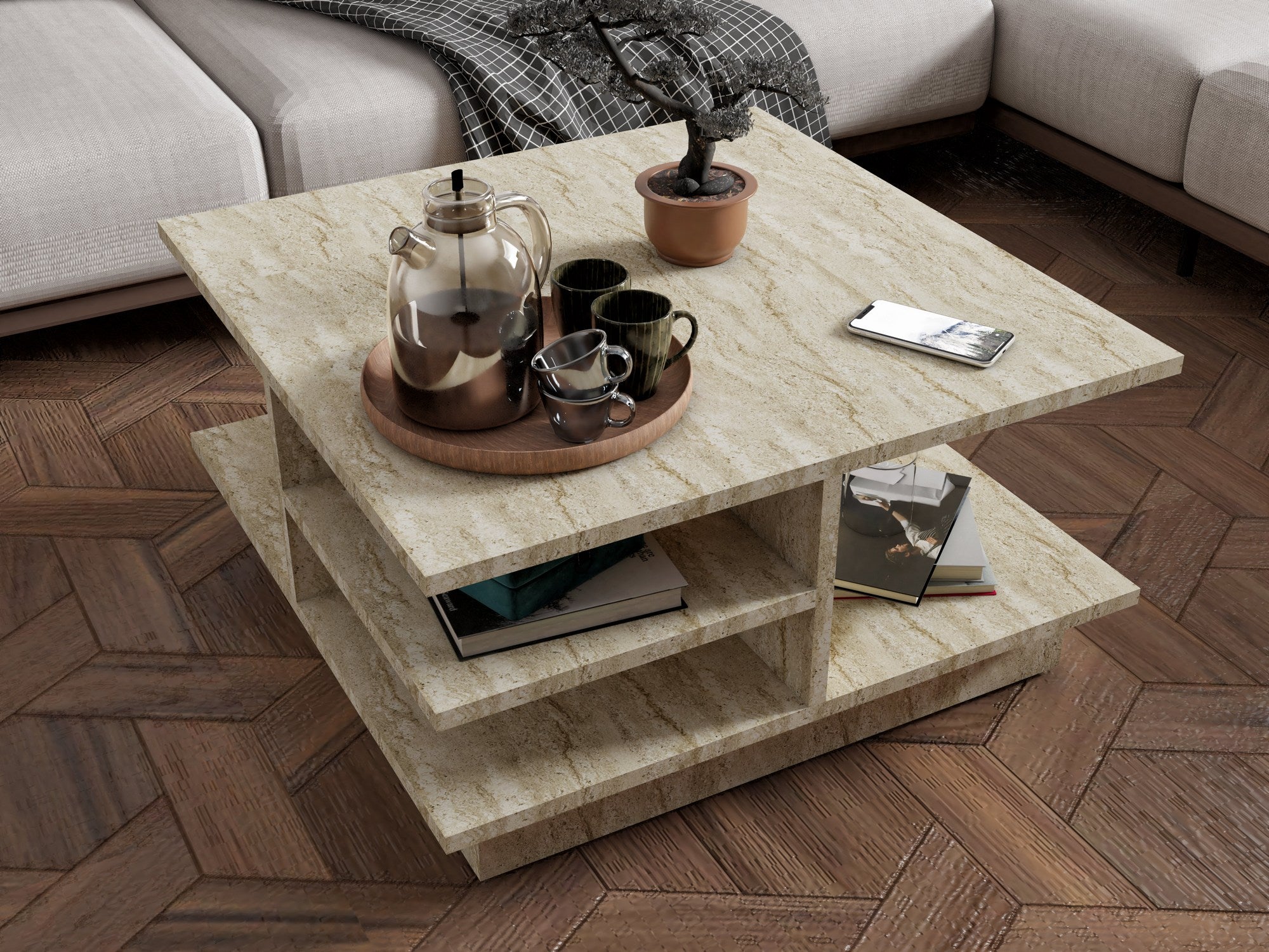 Mesa de Centro – 80 cm x 40 cm x 80 cm – Travertino – Painel de Partículas Revestido a Melamina