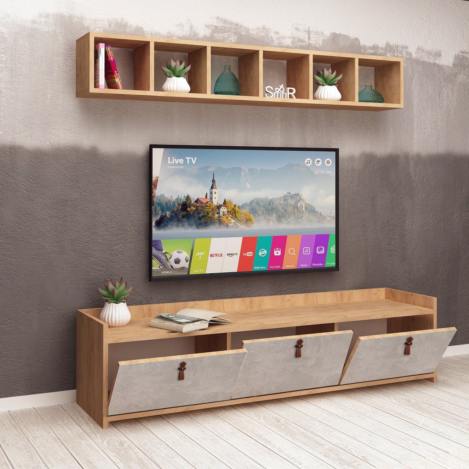 Móvel de TV – 150 cm x 45 cm x 35 cm – Carvalho e Branco – Painel de partículas