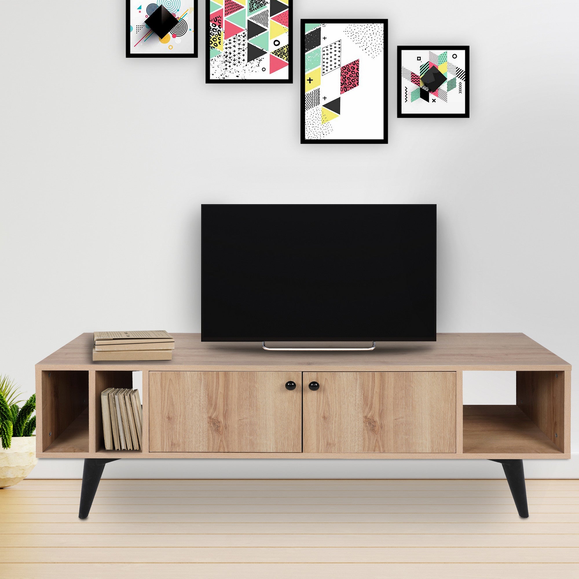 Móvel de TV – 150 cm x 40 cm x 50 cm – Carvalho e Preto – Painéis de partículas revestidos a melamina
