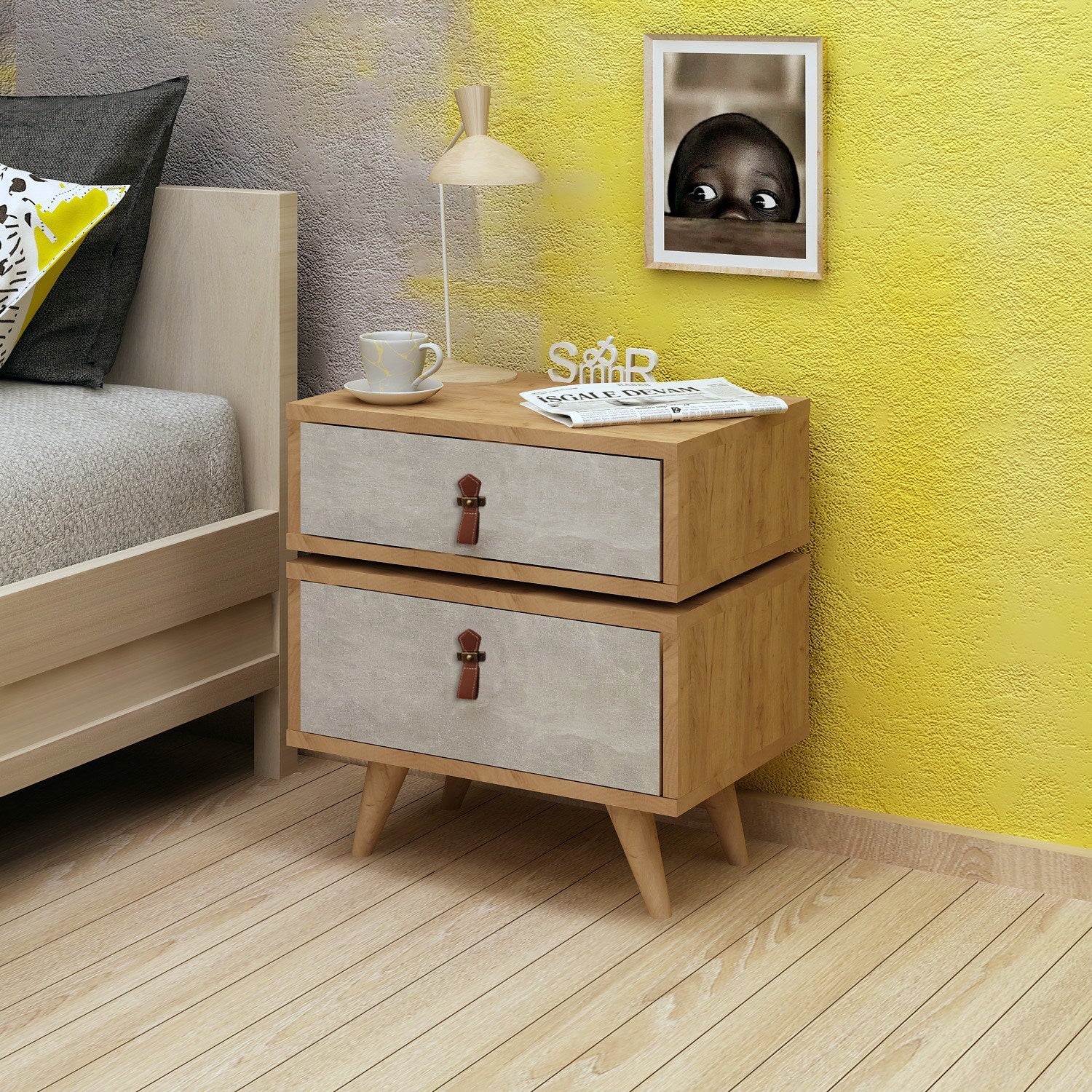 Mesa de cabeceira – 50 cm x 59 cm x 40 cm – Carvalho e Branco – Painéis de partículas revestidos a melamina