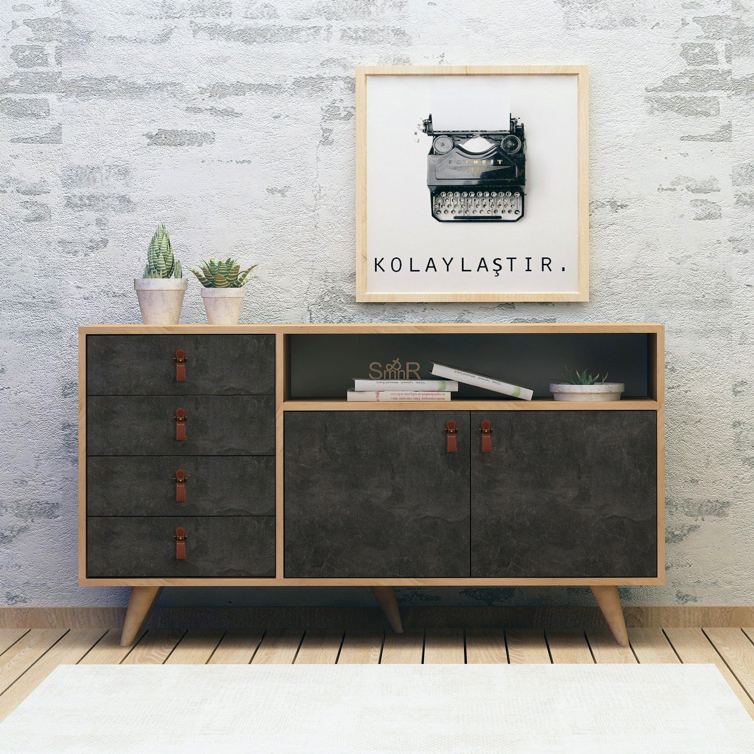 Aparador Moderno – 140 x 86 x 40 cm – Carvalho e Cinza Escuro – 100% Melamina