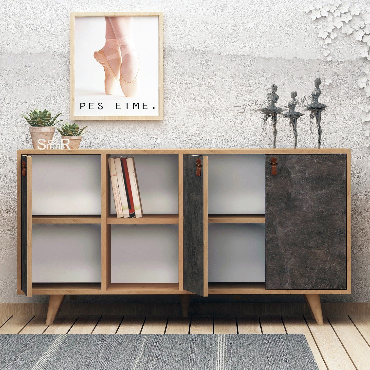 Aparador – 140 cm x 86 cm x 40 cm – Carvalho e Cinza Escuro – Painéis de Partículas