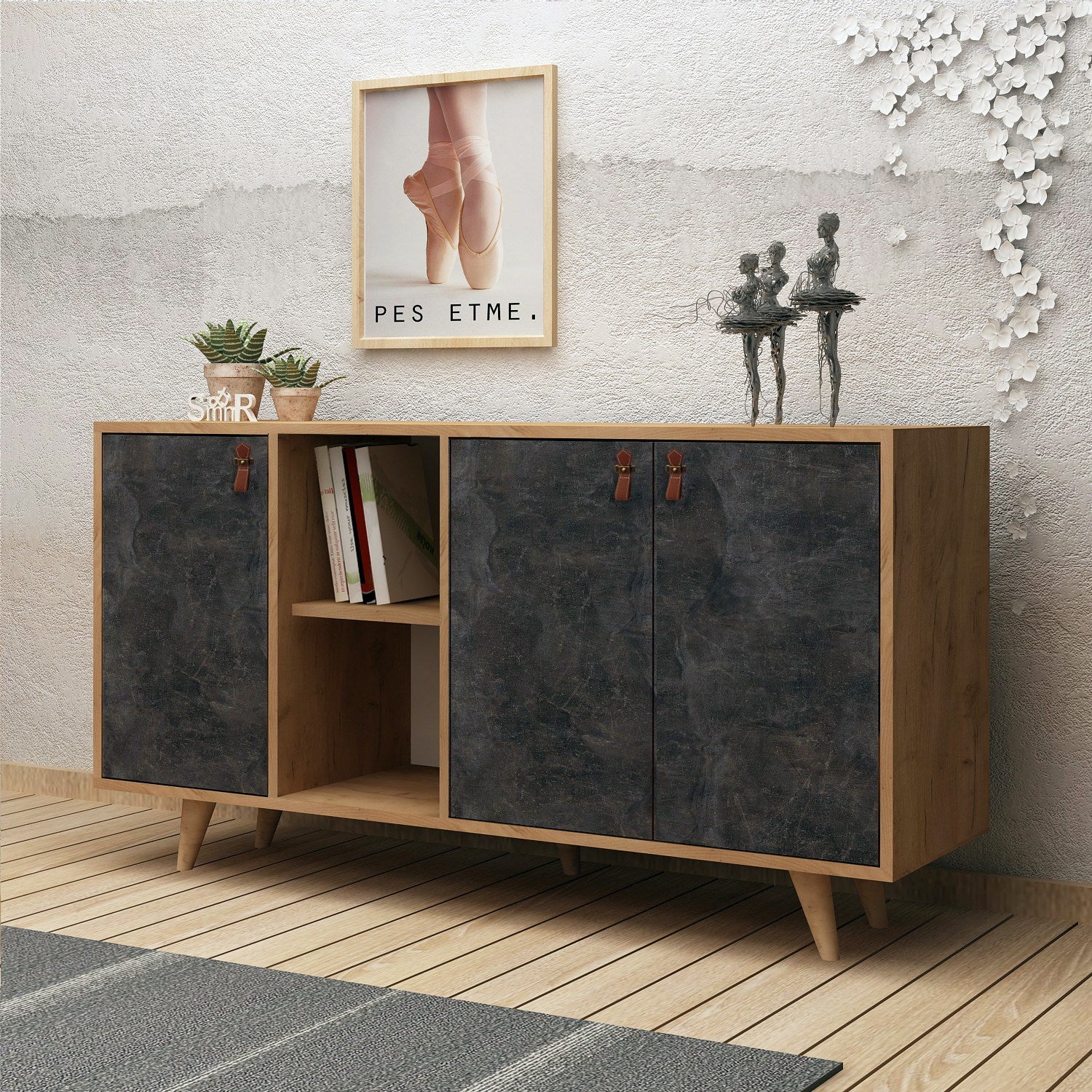 Aparador – 140 cm x 86 cm x 40 cm – Carvalho e Cinza Escuro – Painéis de Partículas