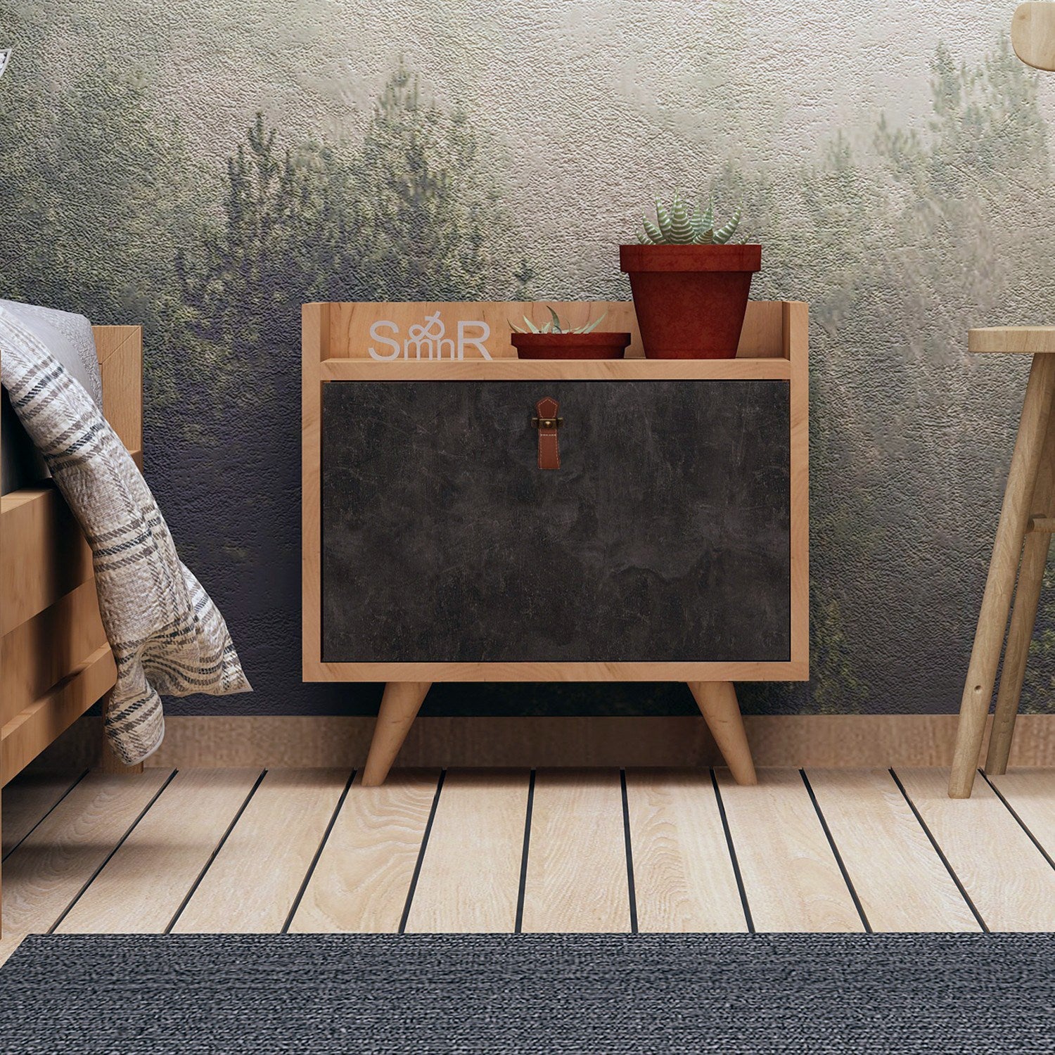 Mesa de cabeceira – 50cm x 55cm x 40cm – Cinza Escuro e Carvalho – Painel de partículas revestido a melamina