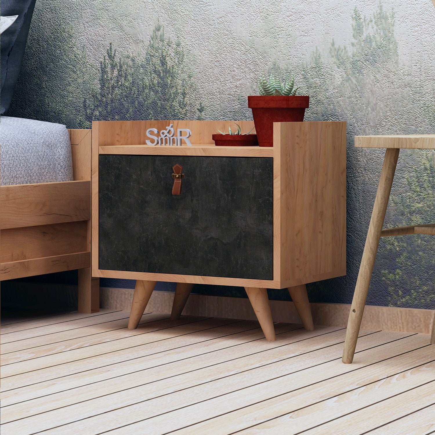 Mesa de cabeceira – 50cm x 55cm x 40cm – Cinza Escuro e Carvalho – Painel de partículas revestido a melamina