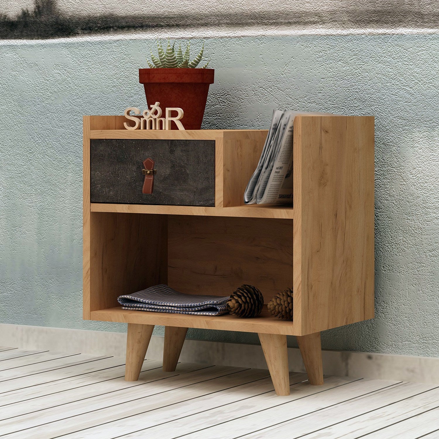 Mesa de cabeceira – 50 cm x 52 cm x 40 cm – Carvalho e Cinza Escuro – MDF