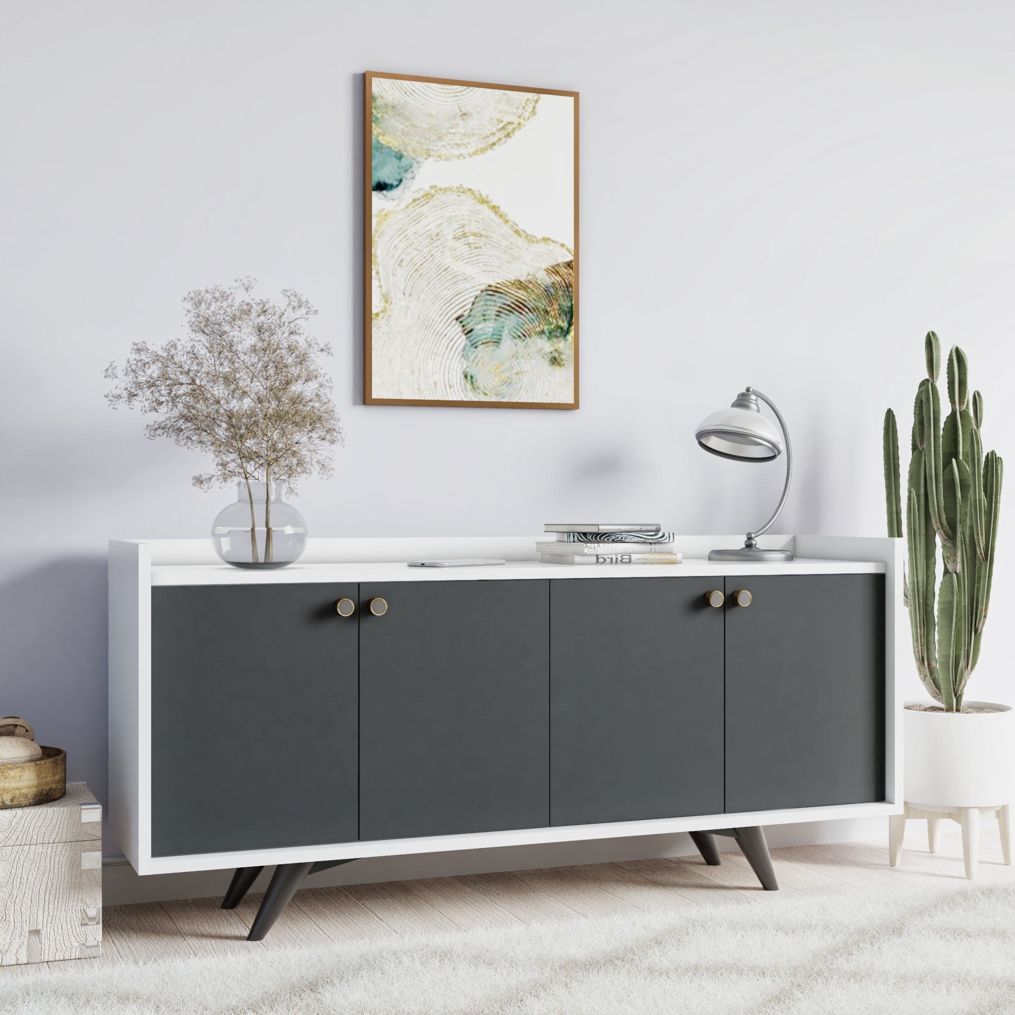 Aparador – 150cm x 75cm x 40cm – Antracite e Branco – Painel de partículas revestido a melamina