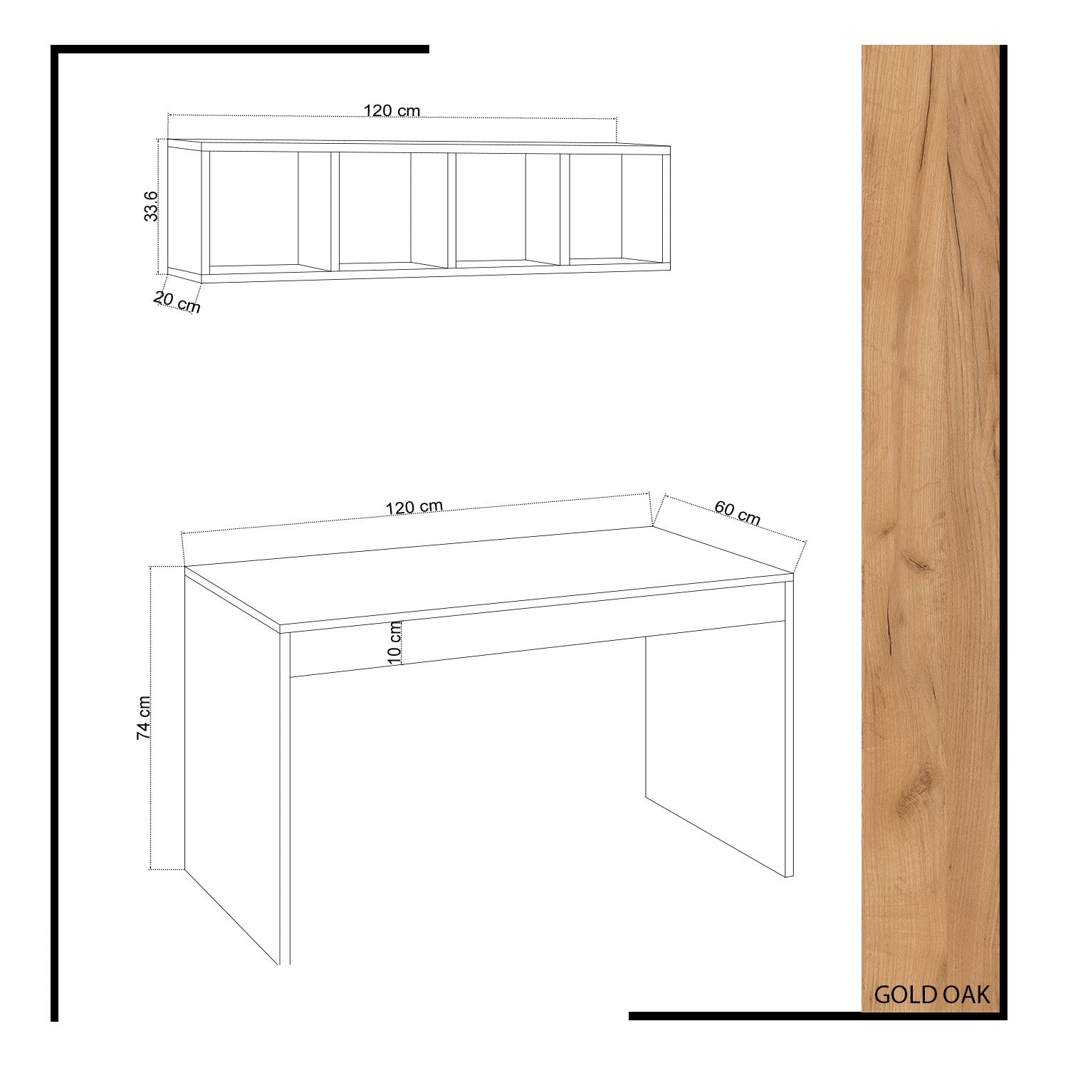 Secretária de Estudo – 120cm x 74cm x 60cm – Carvalho – Painéis de Partículas Revestidos a Melamina