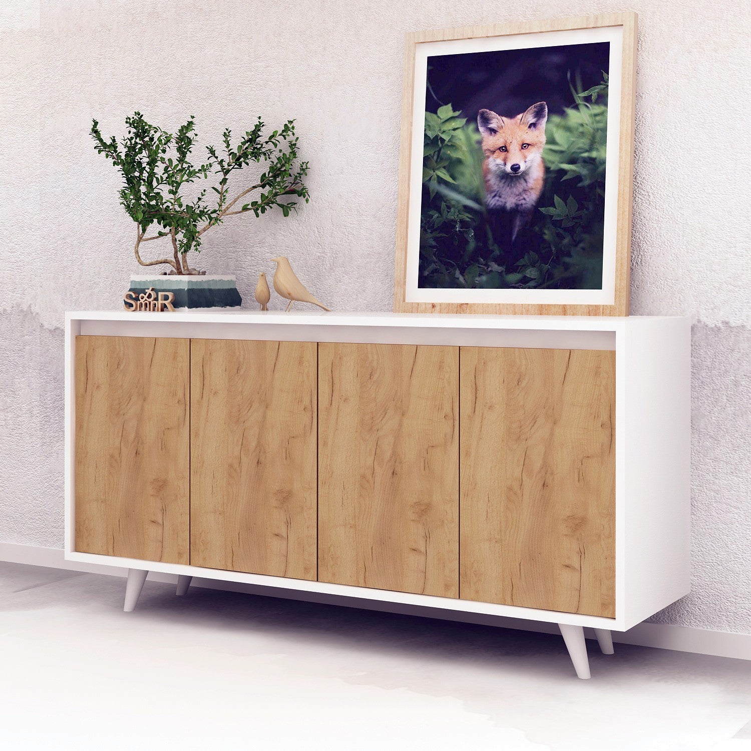 Aparador Moderno – 140 x 86 x 40 cm – Carvalho e Branco – Painel de partículas revestido a melamina