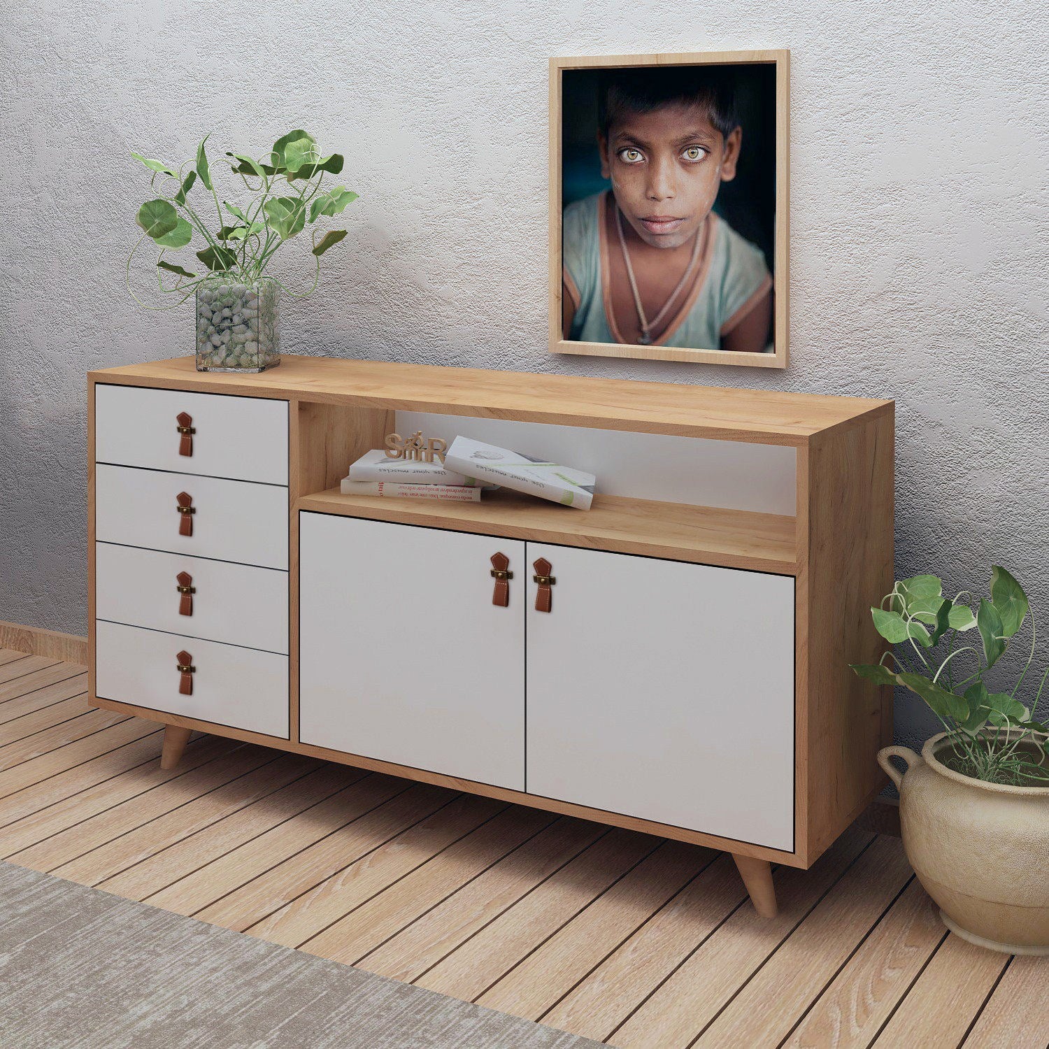 Aparador Moderno com 4 gavetas e prateleiras – 140 x 86 x 40 cm – Carvalho e branco – Melamina