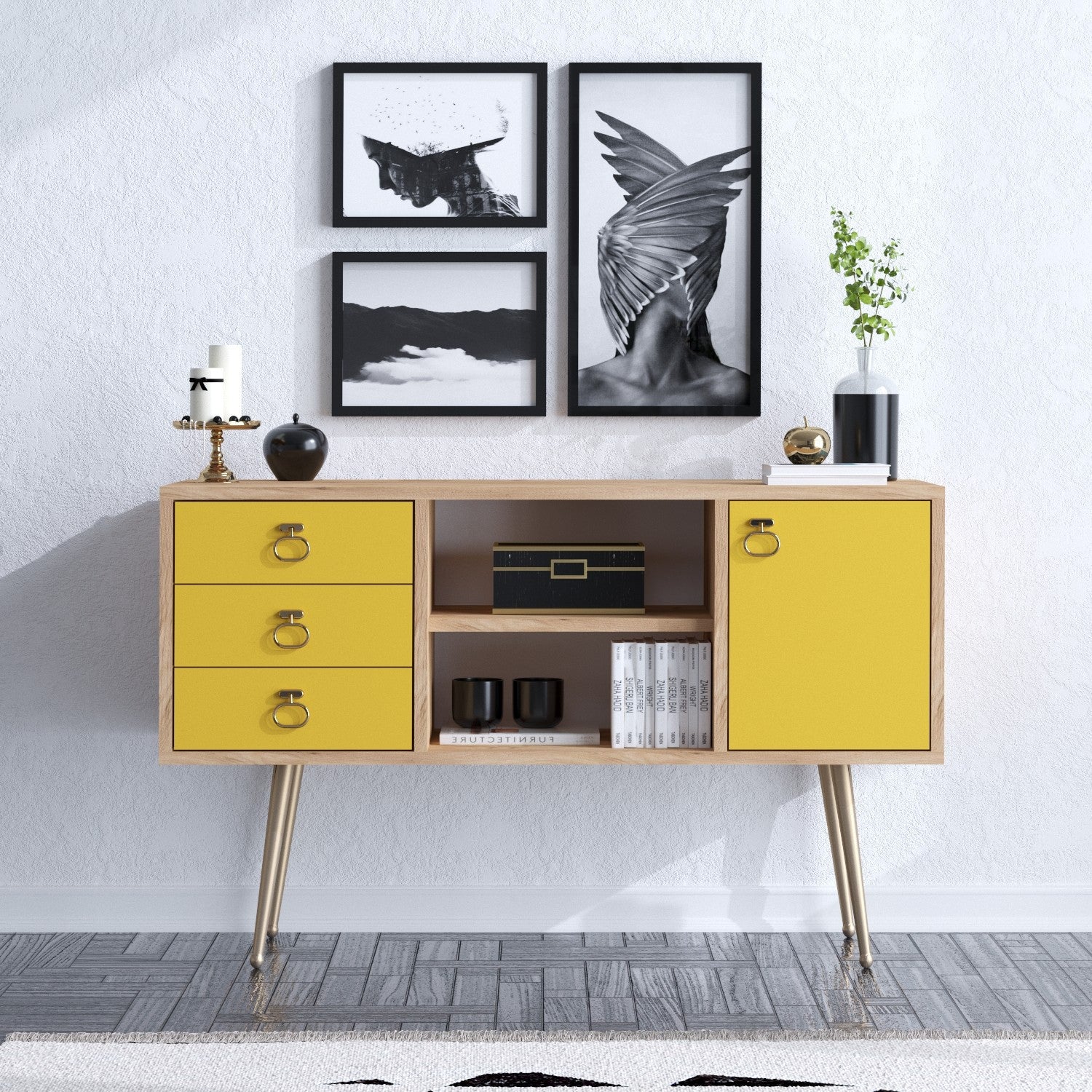 Aparador – 120cm x 40cm x 80cm – Carvalho e Amarelo – Painéis de Partículas Revestidos a Melamina