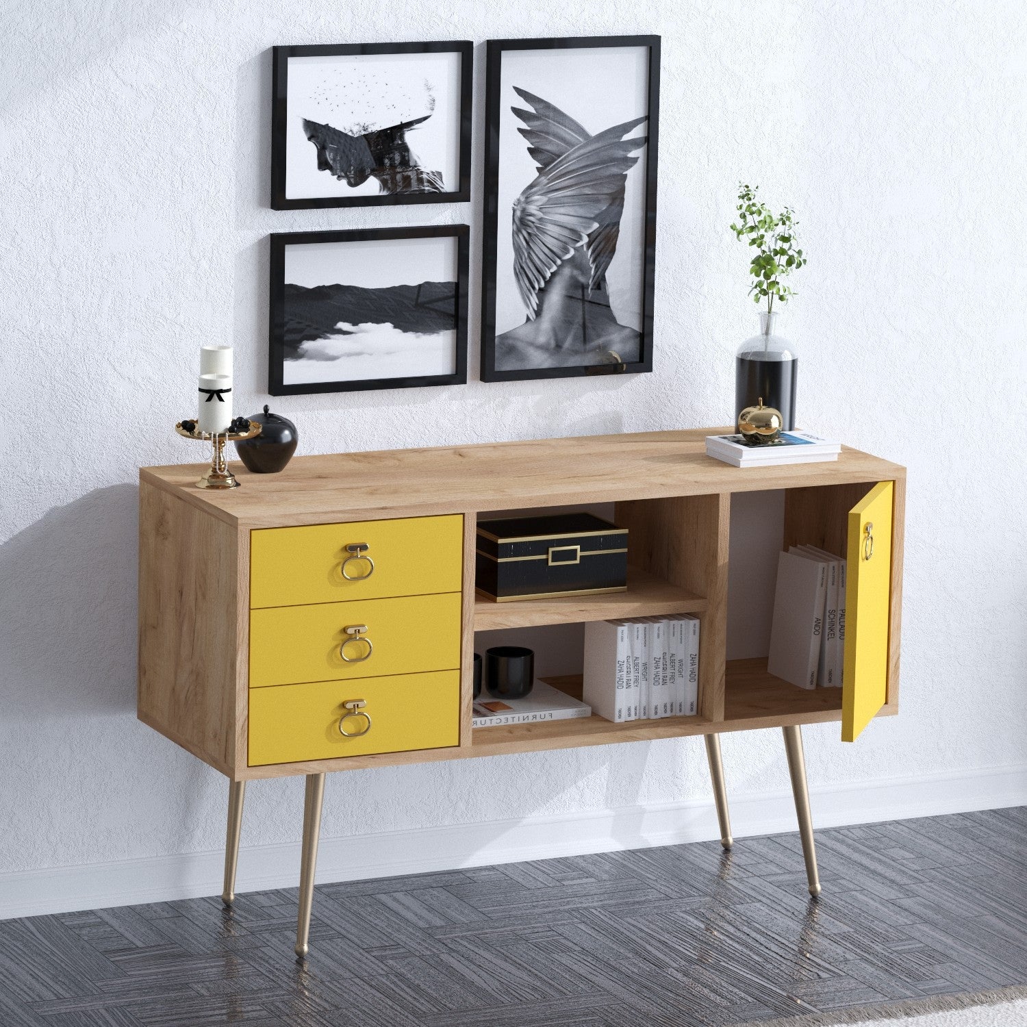 Aparador – 120cm x 40cm x 80cm – Carvalho e Amarelo – Painéis de Partículas Revestidos a Melamina