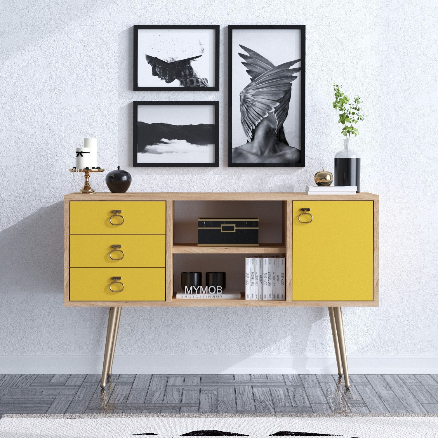 Aparador – 120cm x 40cm x 80cm – Carvalho e Amarelo – Painéis de Partículas Revestidos a Melamina