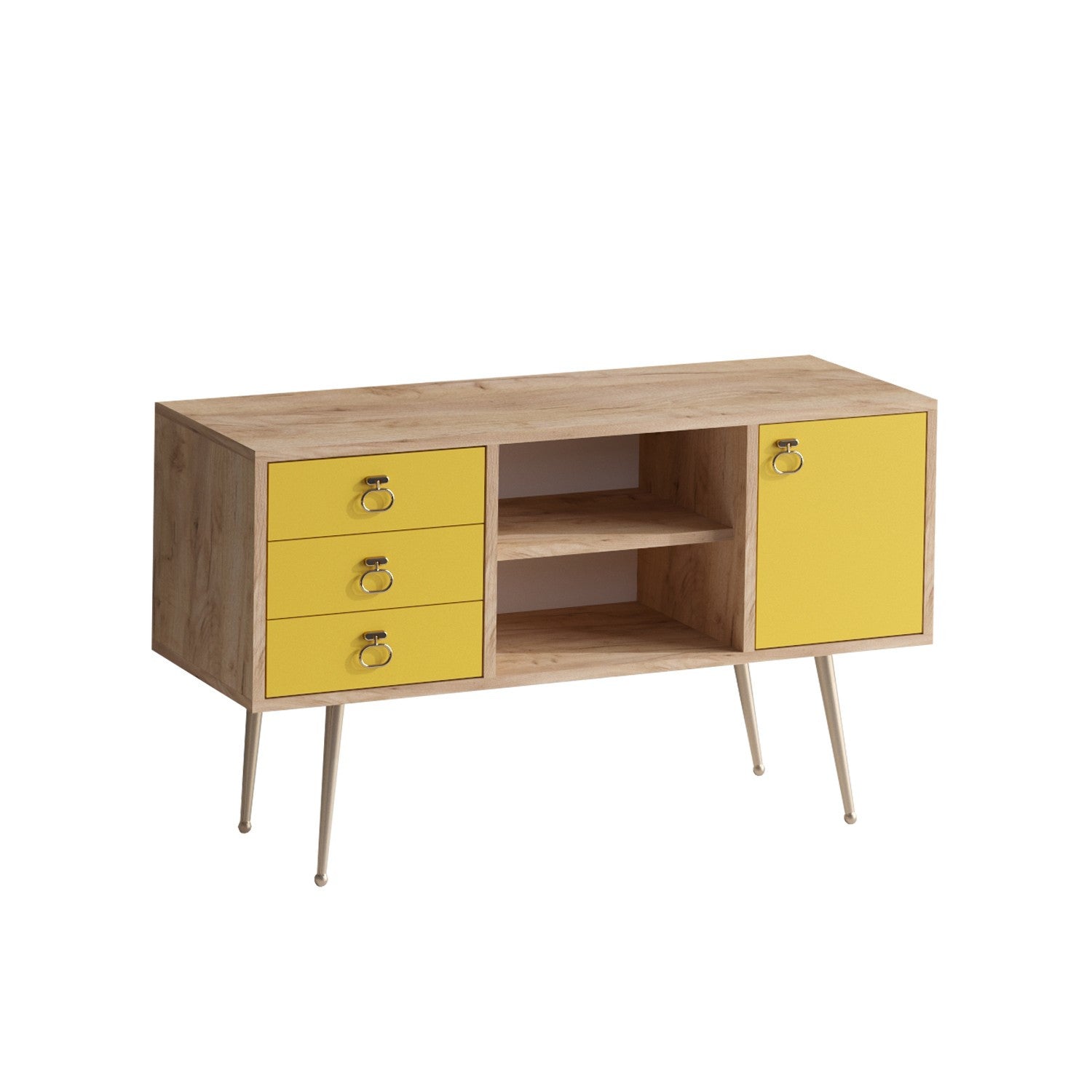 Aparador – 120cm x 40cm x 80cm – Carvalho e Amarelo – Painéis de Partículas Revestidos a Melamina
