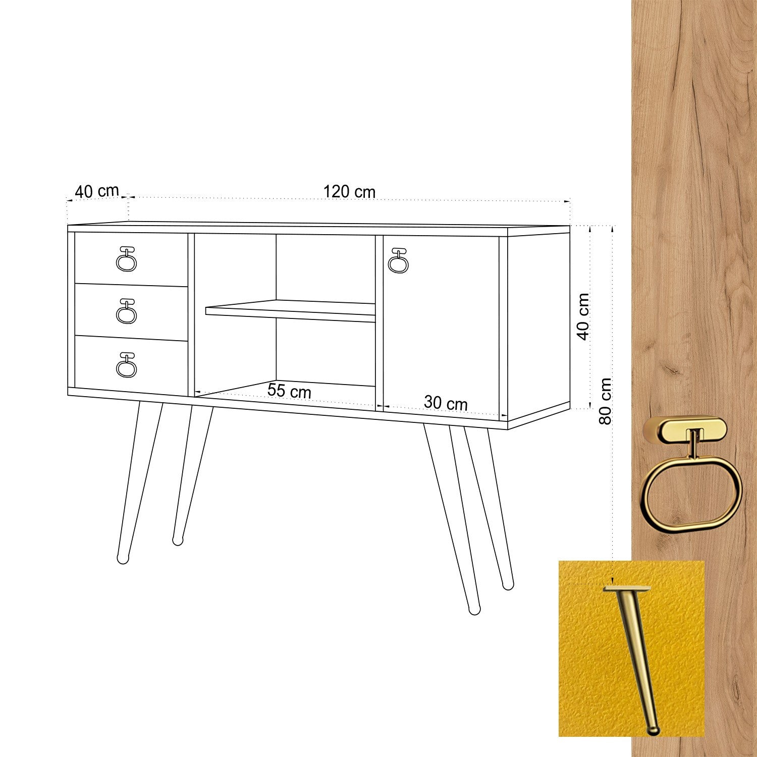Aparador – 120cm x 40cm x 80cm – Carvalho e Amarelo – Painéis de Partículas Revestidos a Melamina