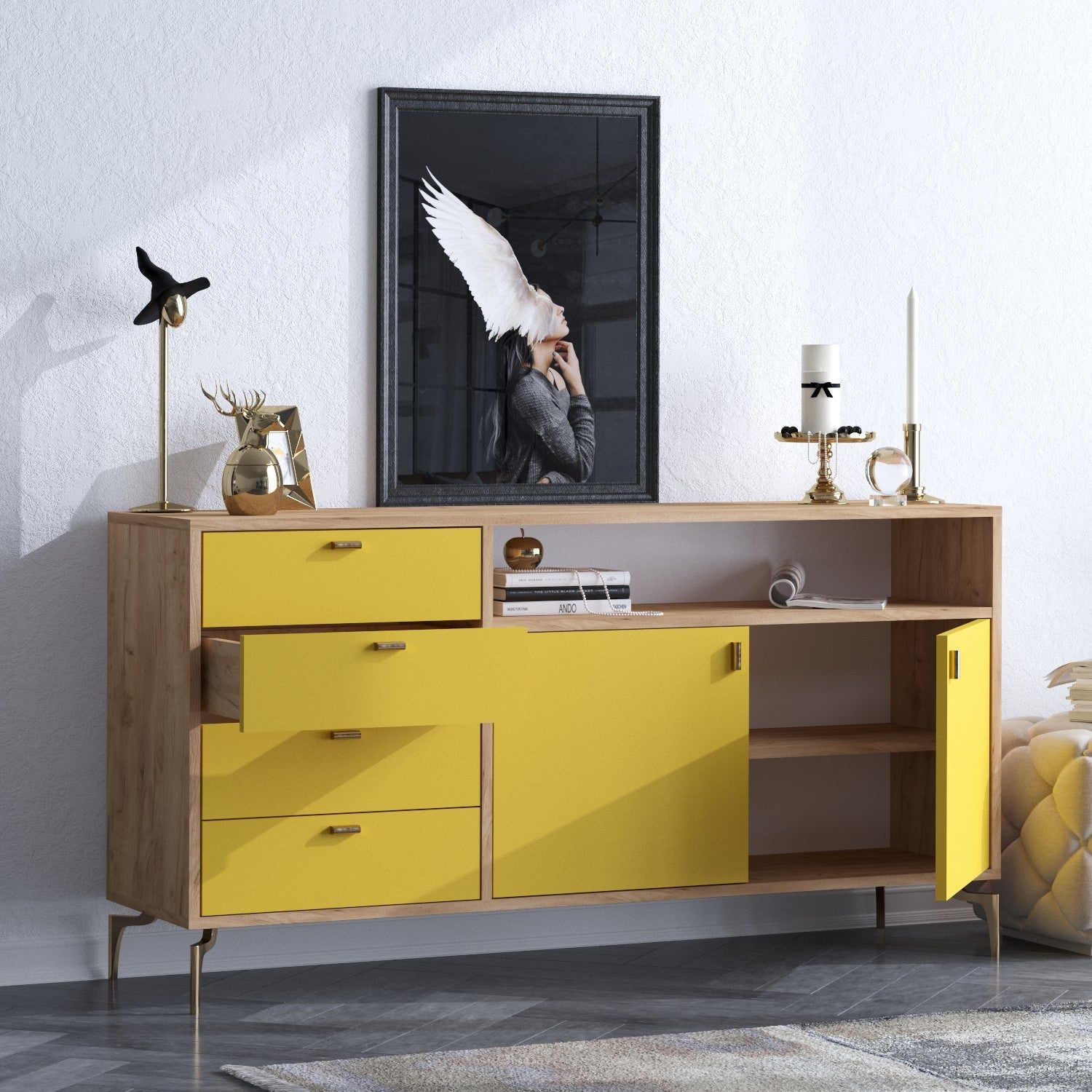 Aparador – 140 cm x 86 cm x 40 cm – Carvalho e Amarelo – Painel de partículas revestido a melamina