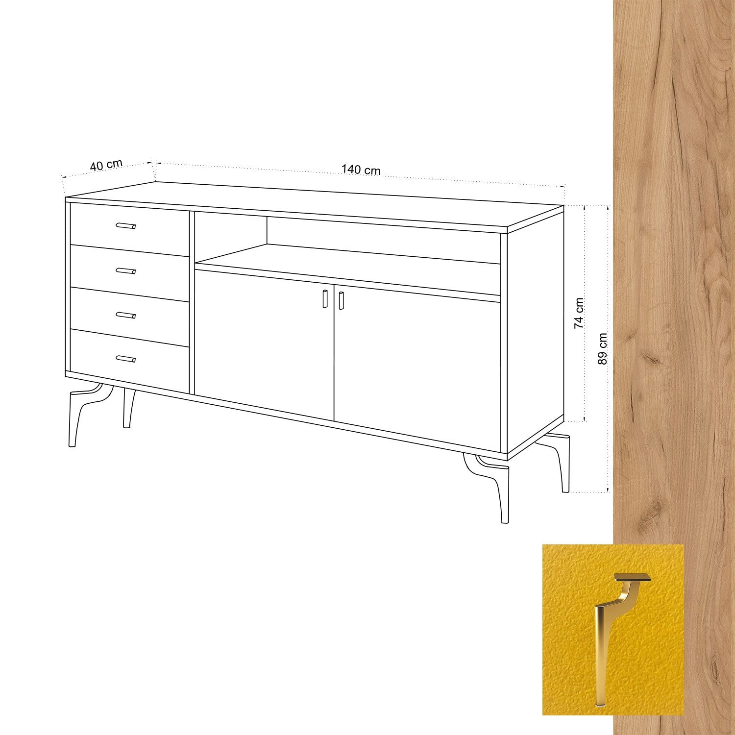 Aparador – 140 cm x 86 cm x 40 cm – Carvalho e Amarelo – Painel de partículas revestido a melamina