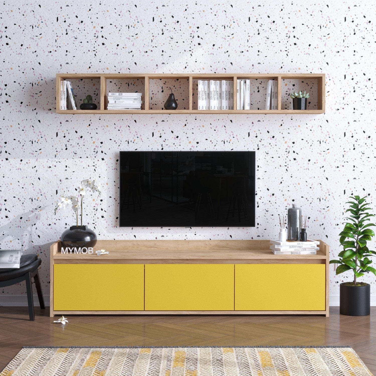 Móvel de TV – 150 cm x 45 cm x 35 cm – Carvalho e Amarelo – Painéis de Partículas
