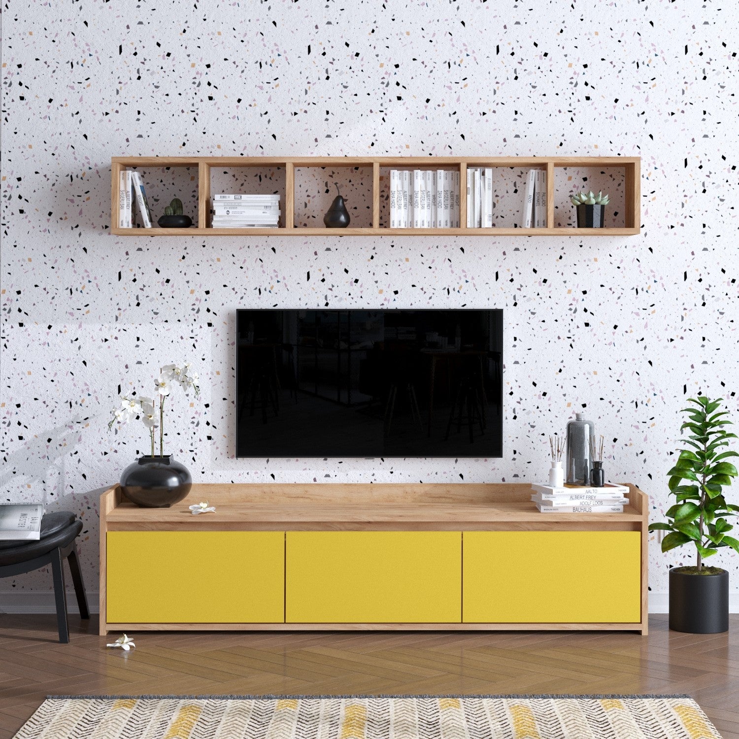Móvel de TV – 150 cm x 45 cm x 35 cm – Carvalho e Amarelo – Painéis de Partículas
