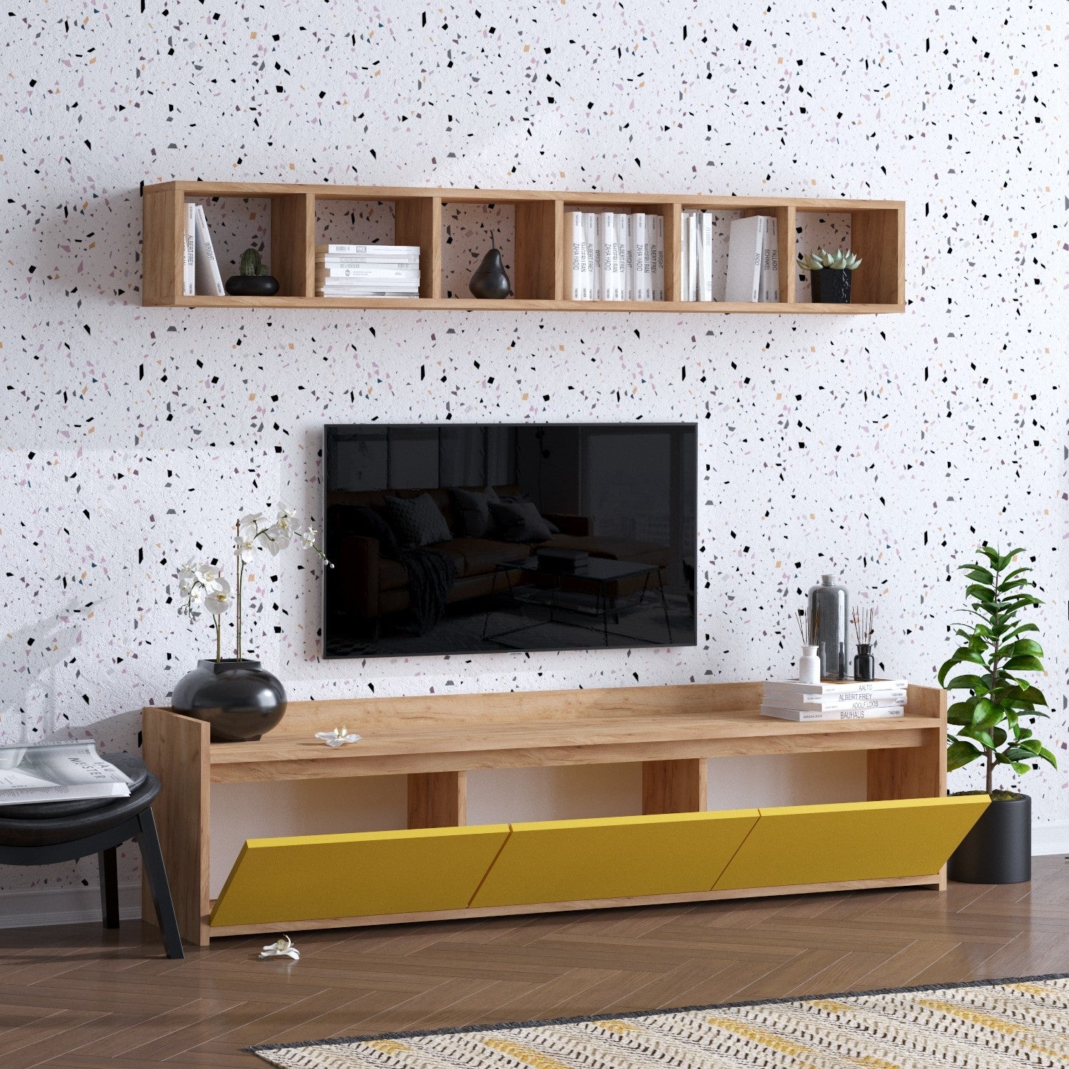 Móvel de TV – 150 cm x 45 cm x 35 cm – Carvalho e Amarelo – Painéis de Partículas