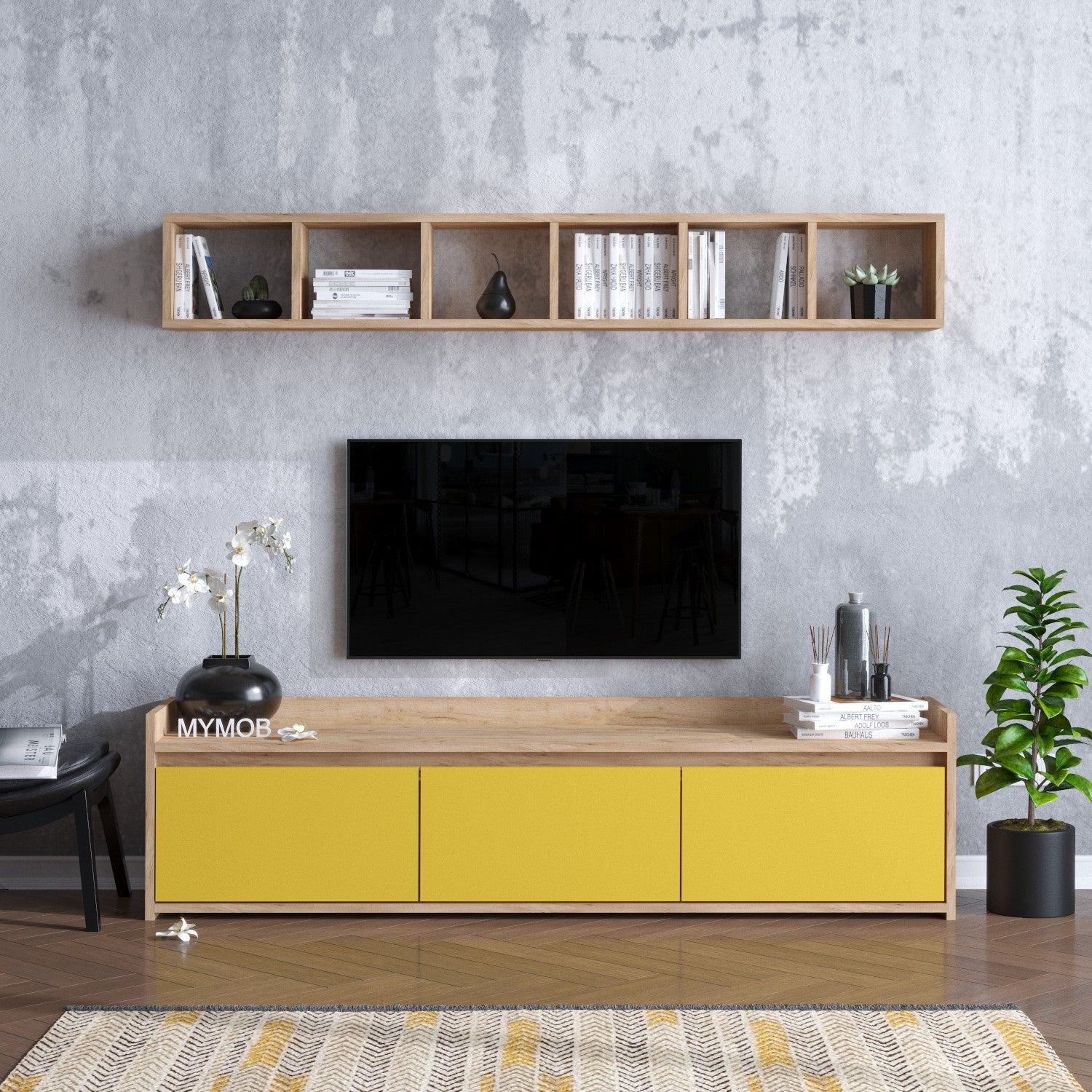 Móvel de TV – 150 cm x 45 cm x 35 cm – Carvalho e Amarelo – Painéis de Partículas