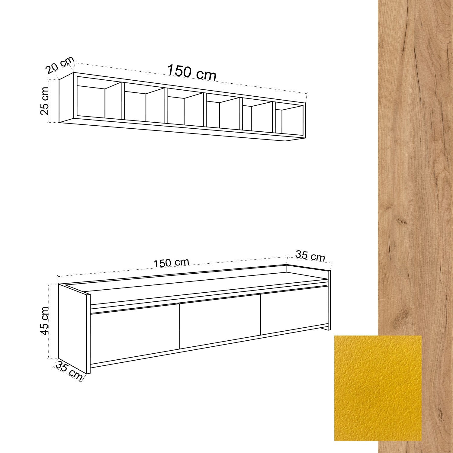 Móvel de TV – 150 cm x 45 cm x 35 cm – Carvalho e Amarelo – Painéis de Partículas