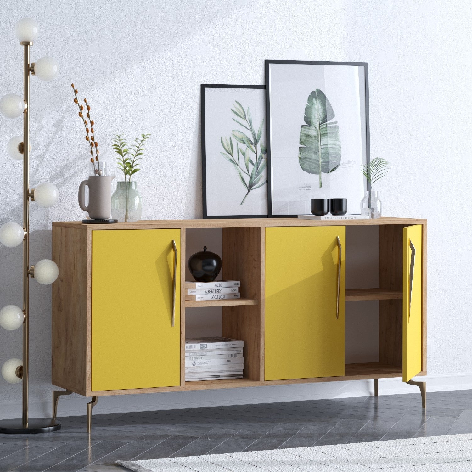 Aparador – 140cm x 86cm x 40cm – Carvalho e Amarelo – Painel de partículas revestido a melamina