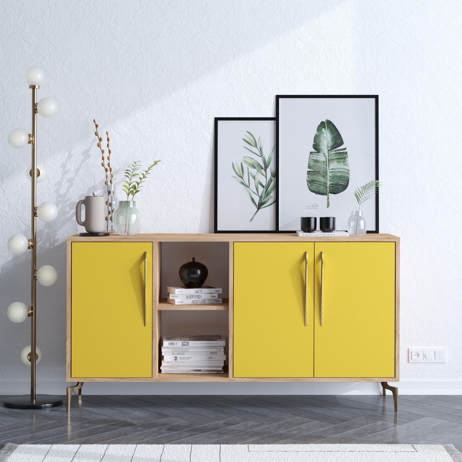 Aparador – 140cm x 86cm x 40cm – Carvalho e Amarelo – Painel de partículas revestido a melamina