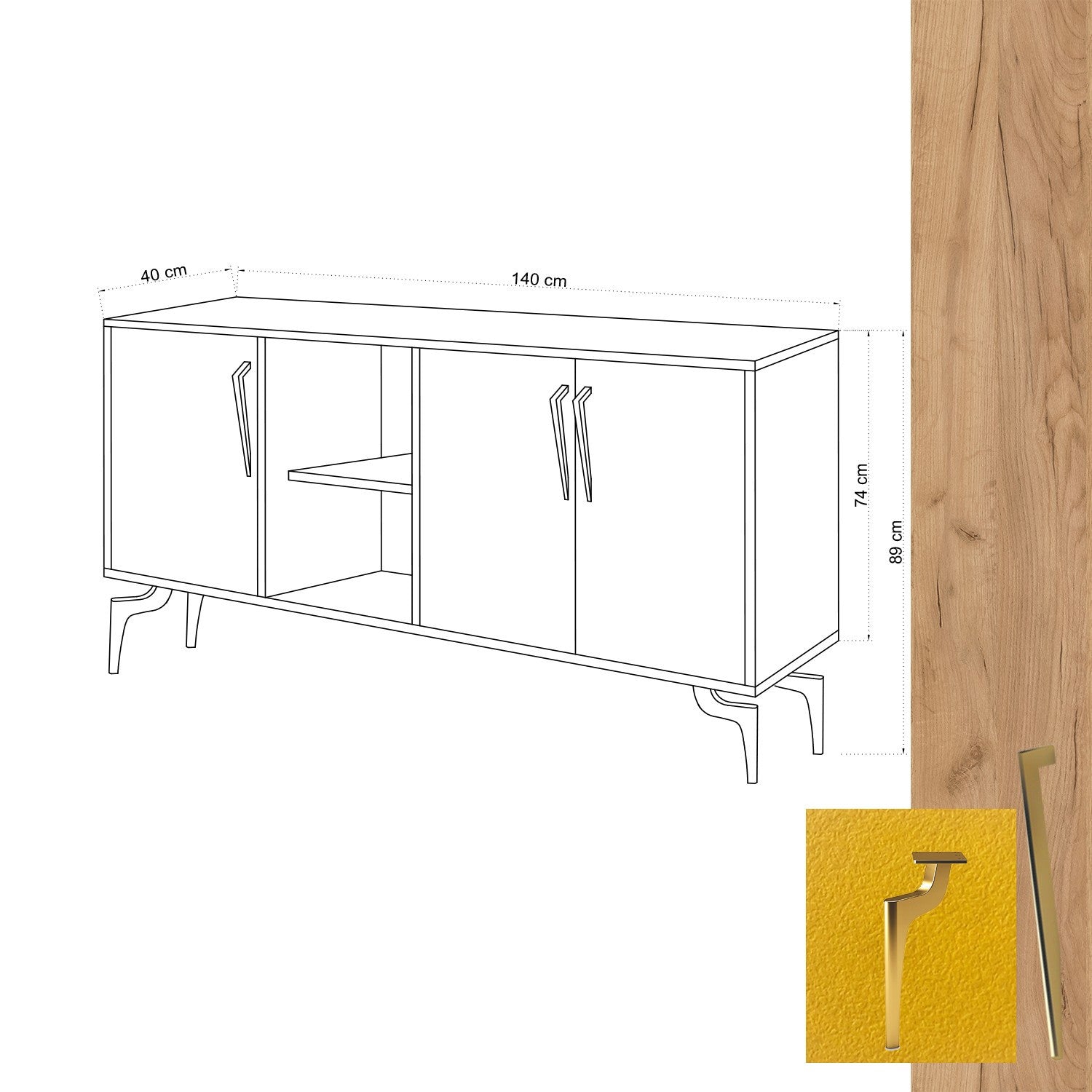 Aparador – 140cm x 86cm x 40cm – Carvalho e Amarelo – Painel de partículas revestido a melamina