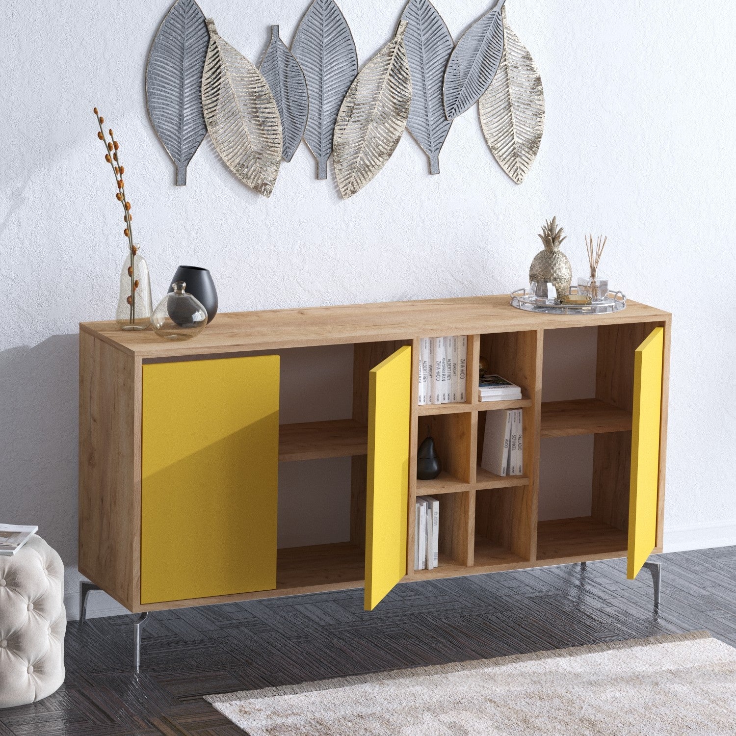 Aparador – 140 cm x 94 cm – Carvalho e amarelo – Painel de partículas revestido a melamina
