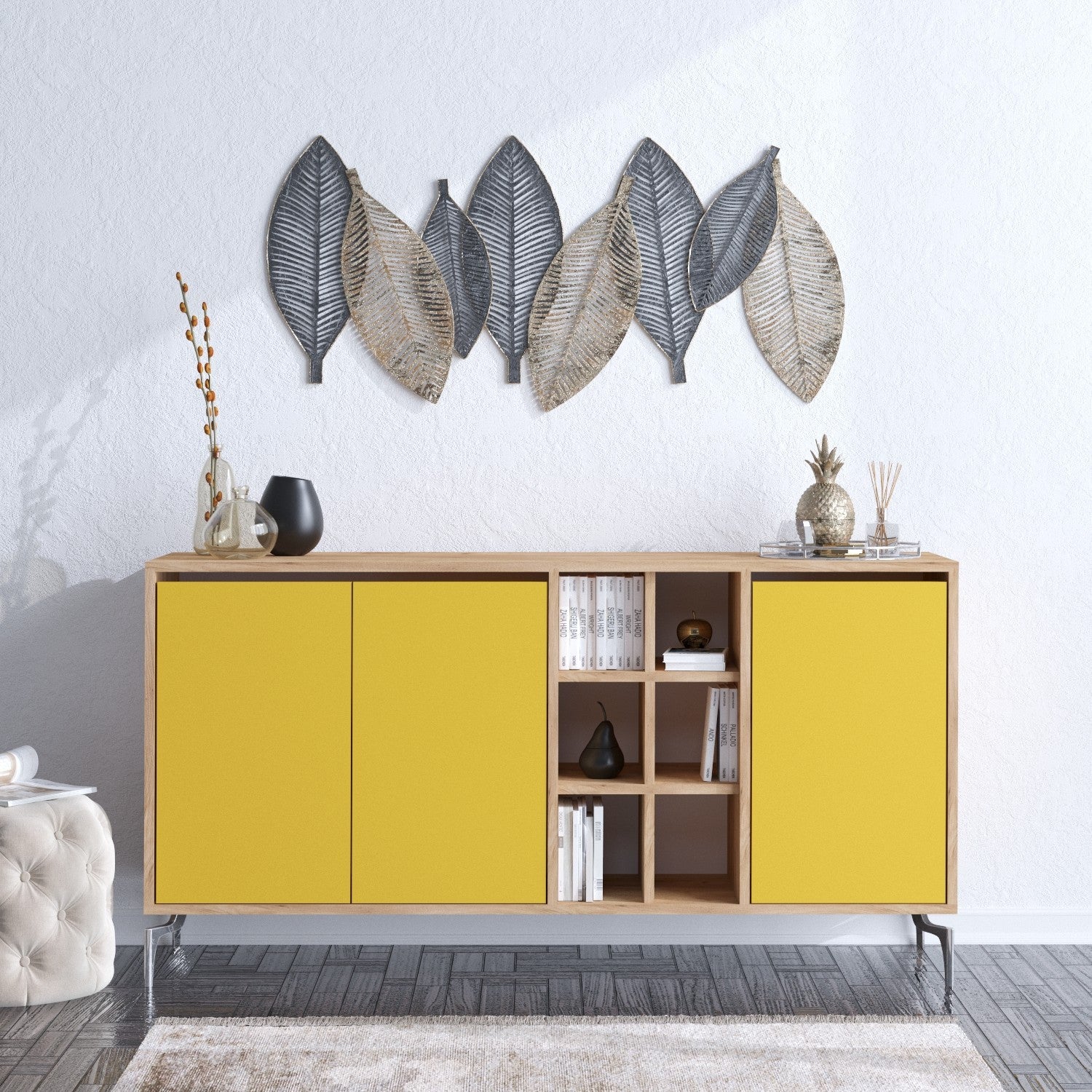 Aparador – 140 cm x 94 cm – Carvalho e amarelo – Painel de partículas revestido a melamina