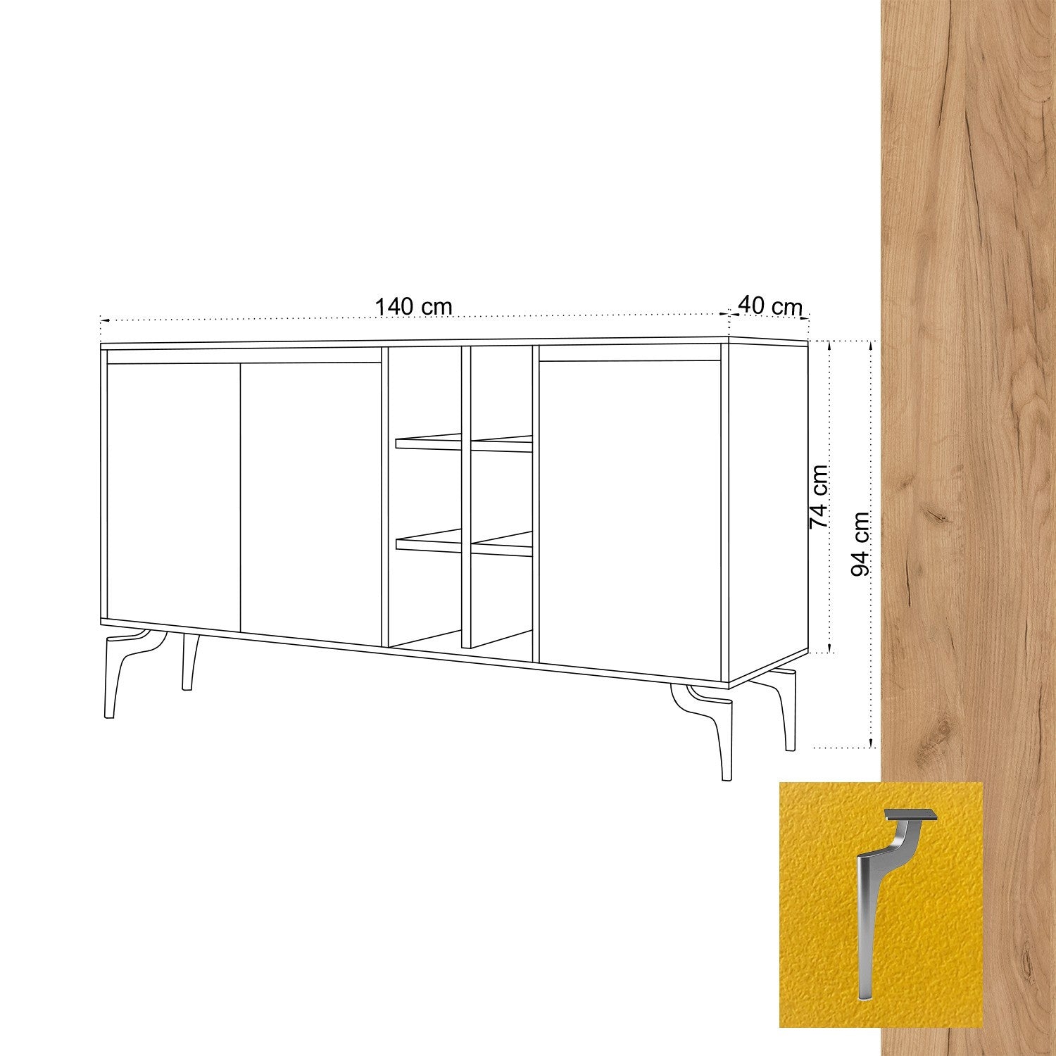 Aparador – 140 cm x 94 cm – Carvalho e amarelo – Painel de partículas revestido a melamina