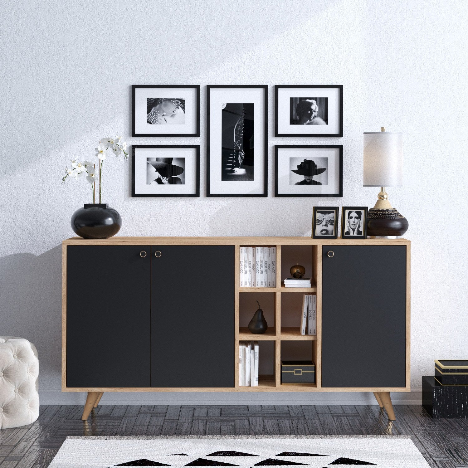 Aparador – 140cm x 40cm x 89cm – Carvalho e Preto – Painel de partículas revestido a melamina e Pernas de madeira