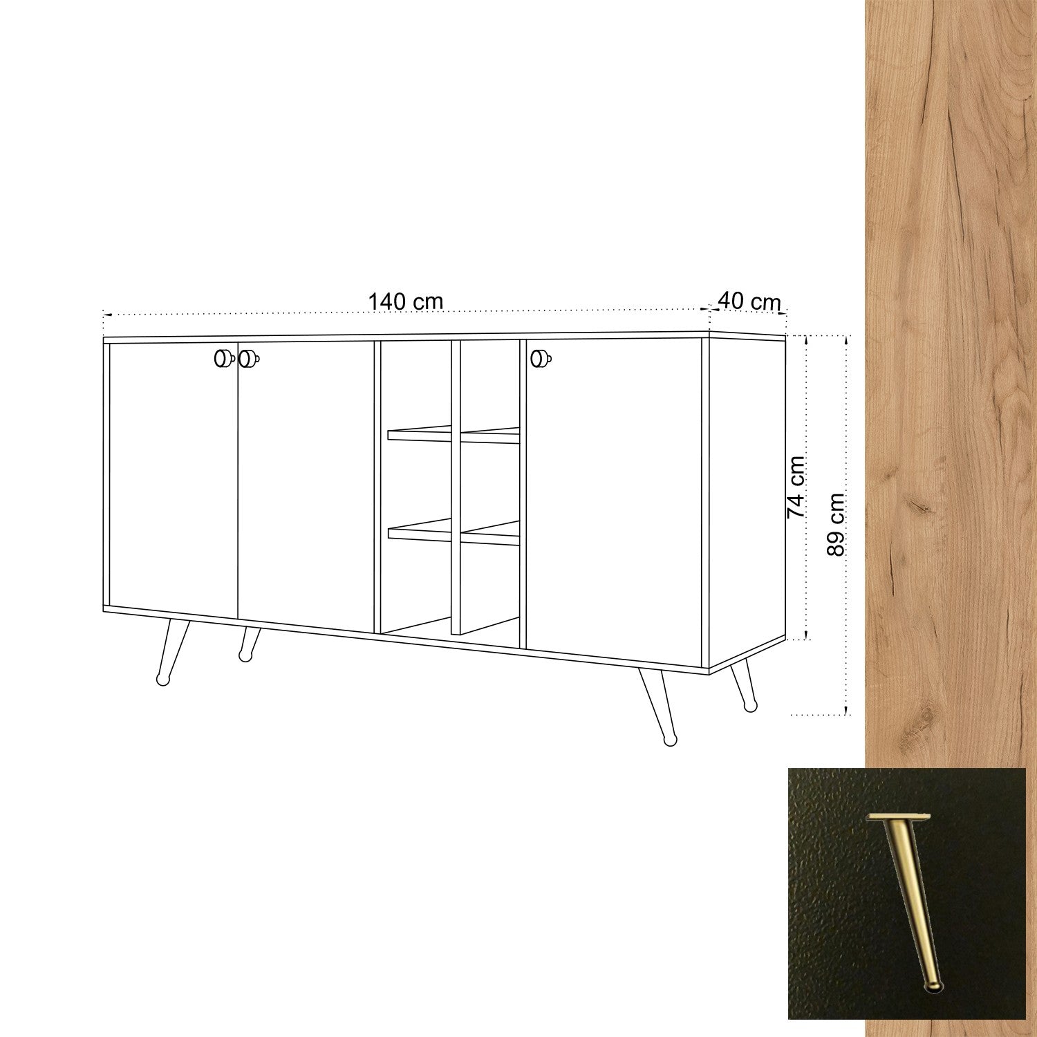 Aparador – 140cm x 40cm x 89cm – Carvalho e Preto – Painel de partículas revestido a melamina e Pernas de madeira
