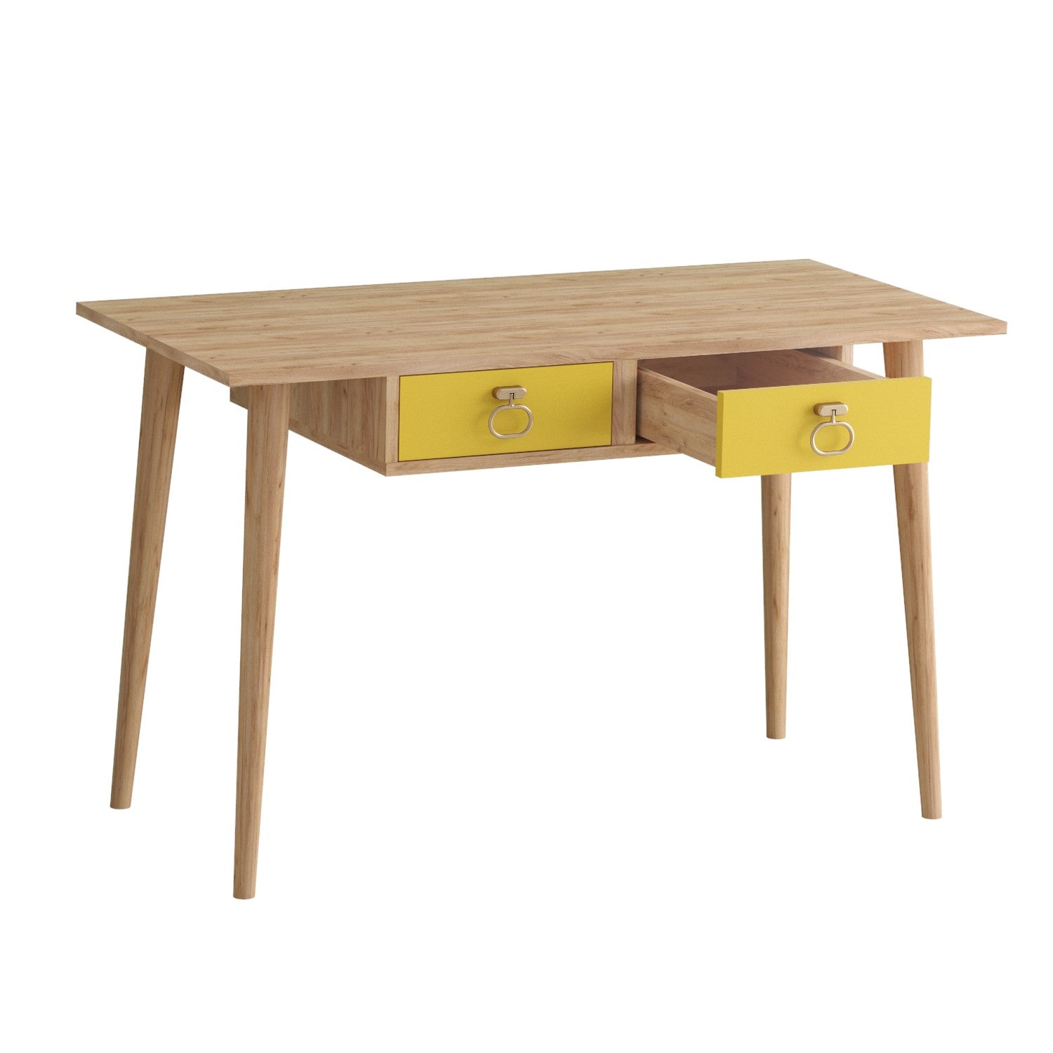 Secretária de Estudo – 120 cm x 74 cm x 60 cm – Amarelo e Carvalho – Painéis de Partículas