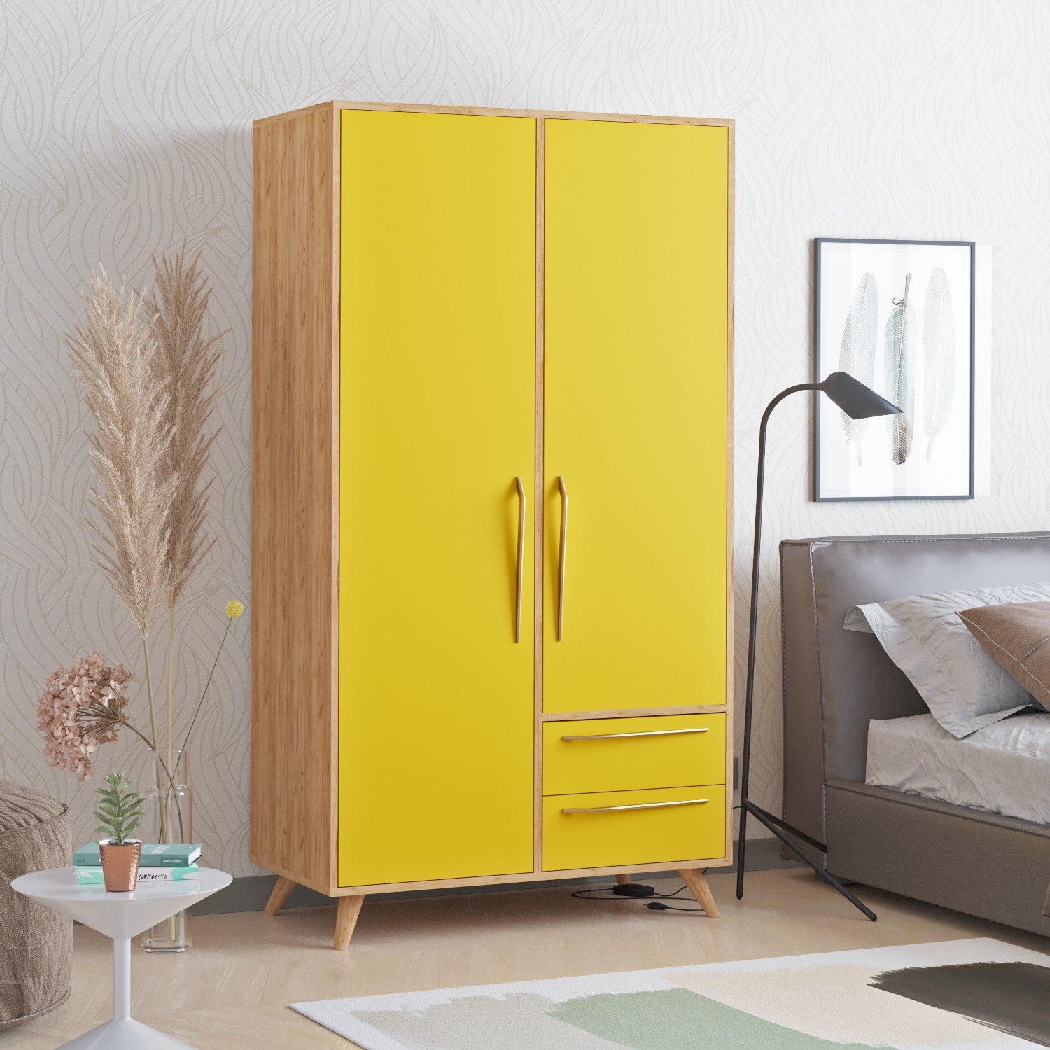 Guarda-roupa moderno – 100 cm x 190 cm x 52 cm – Carvalho e Amarelo – Melamina