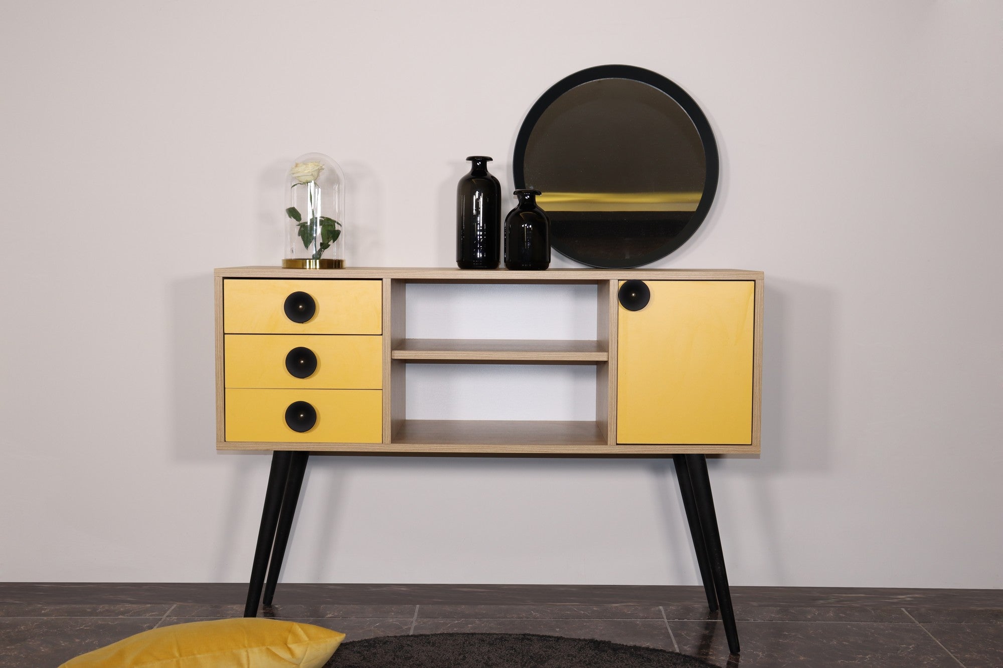 Aparador – 120 cm x 80 cm x 40 cm – Amarelo e Carvalho – Painel de partículas revestido a melamina