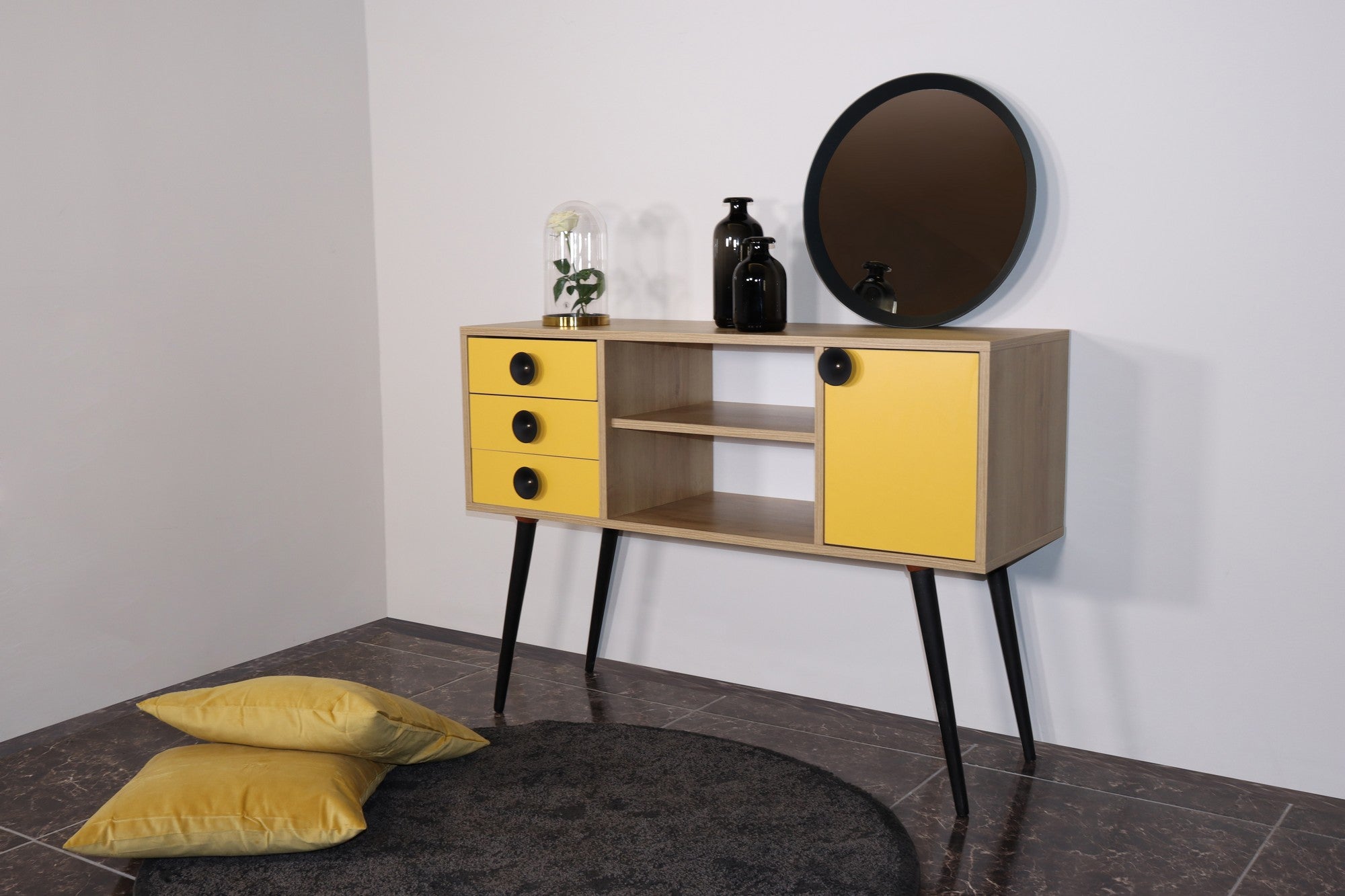 Aparador – 120 cm x 80 cm x 40 cm – Amarelo e Carvalho – Painel de partículas revestido a melamina