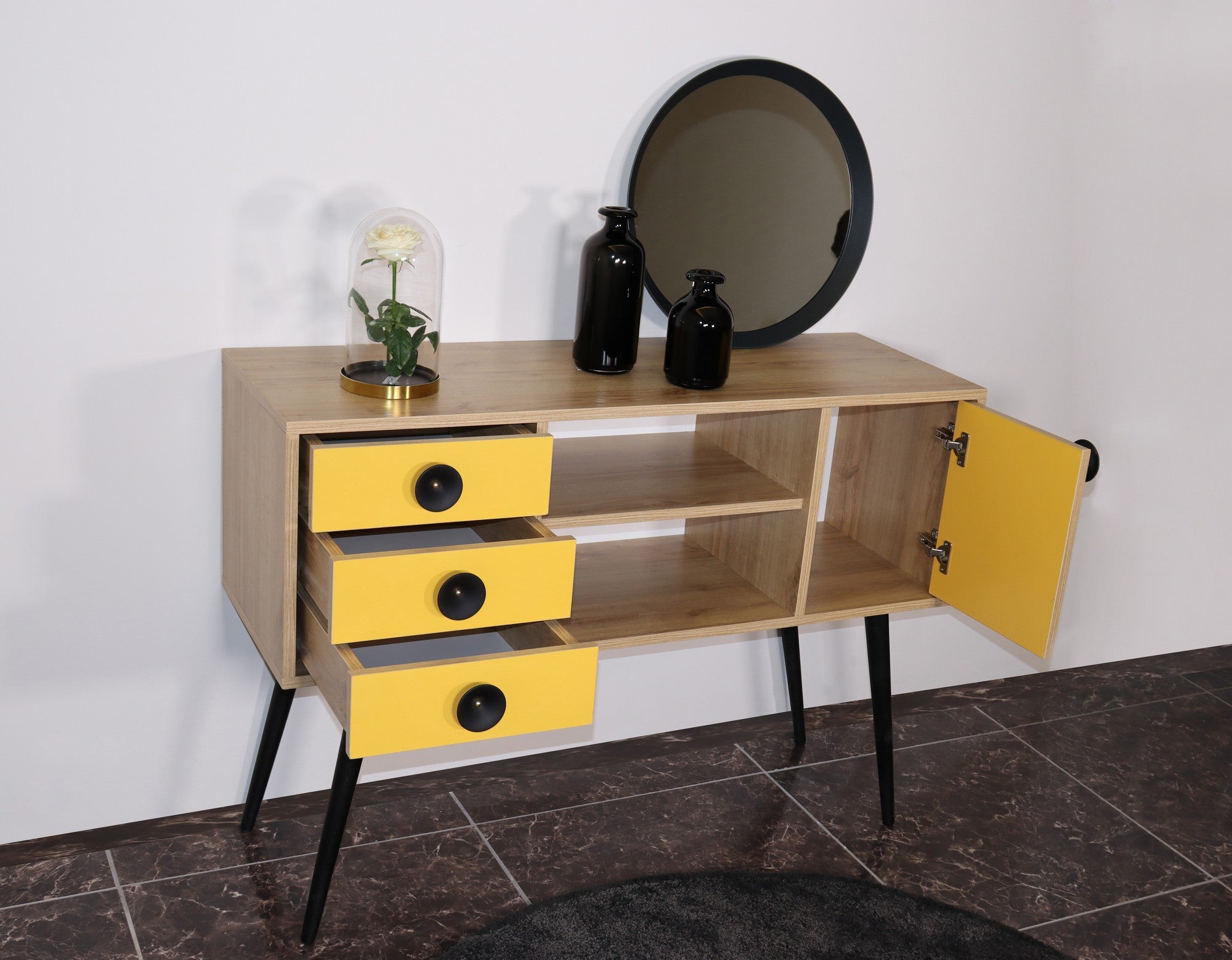 Aparador – 120 cm x 80 cm x 40 cm – Amarelo e Carvalho – Painel de partículas revestido a melamina