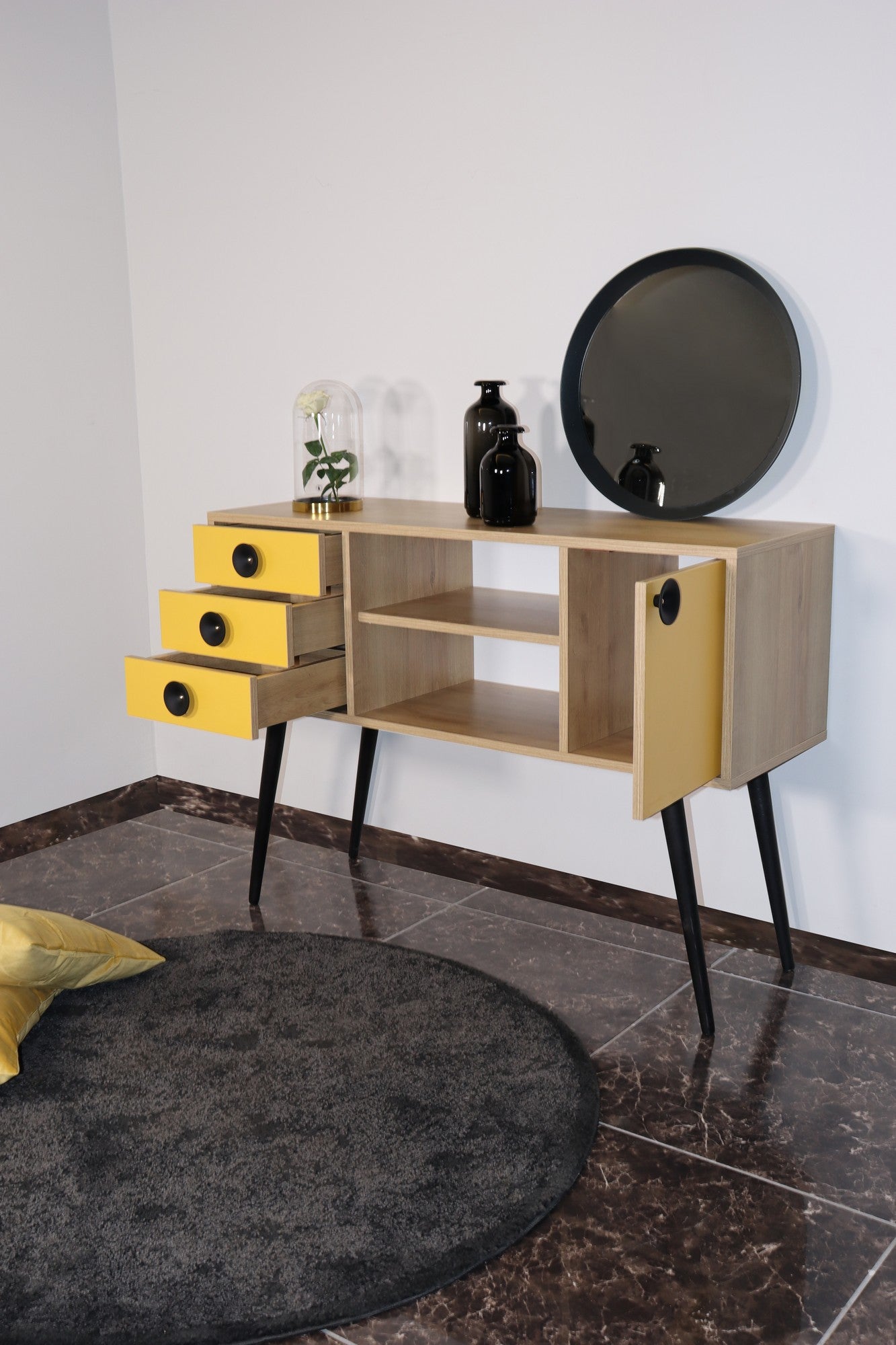 Aparador – 120 cm x 80 cm x 40 cm – Amarelo e Carvalho – Painel de partículas revestido a melamina
