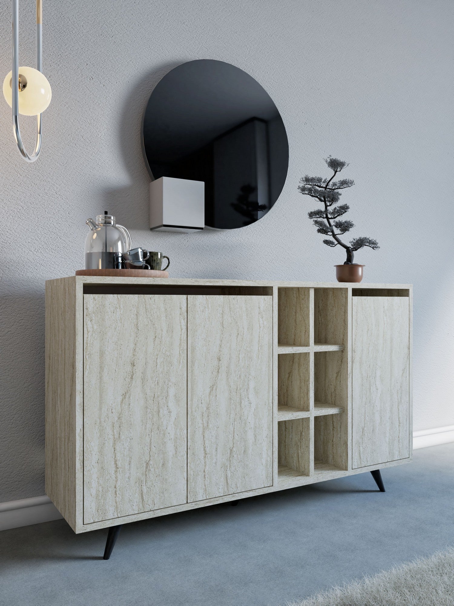 Aparador em mármore – 140cm x 86cm x 40cm – Travertino – Painel de partículas revestido a melamina