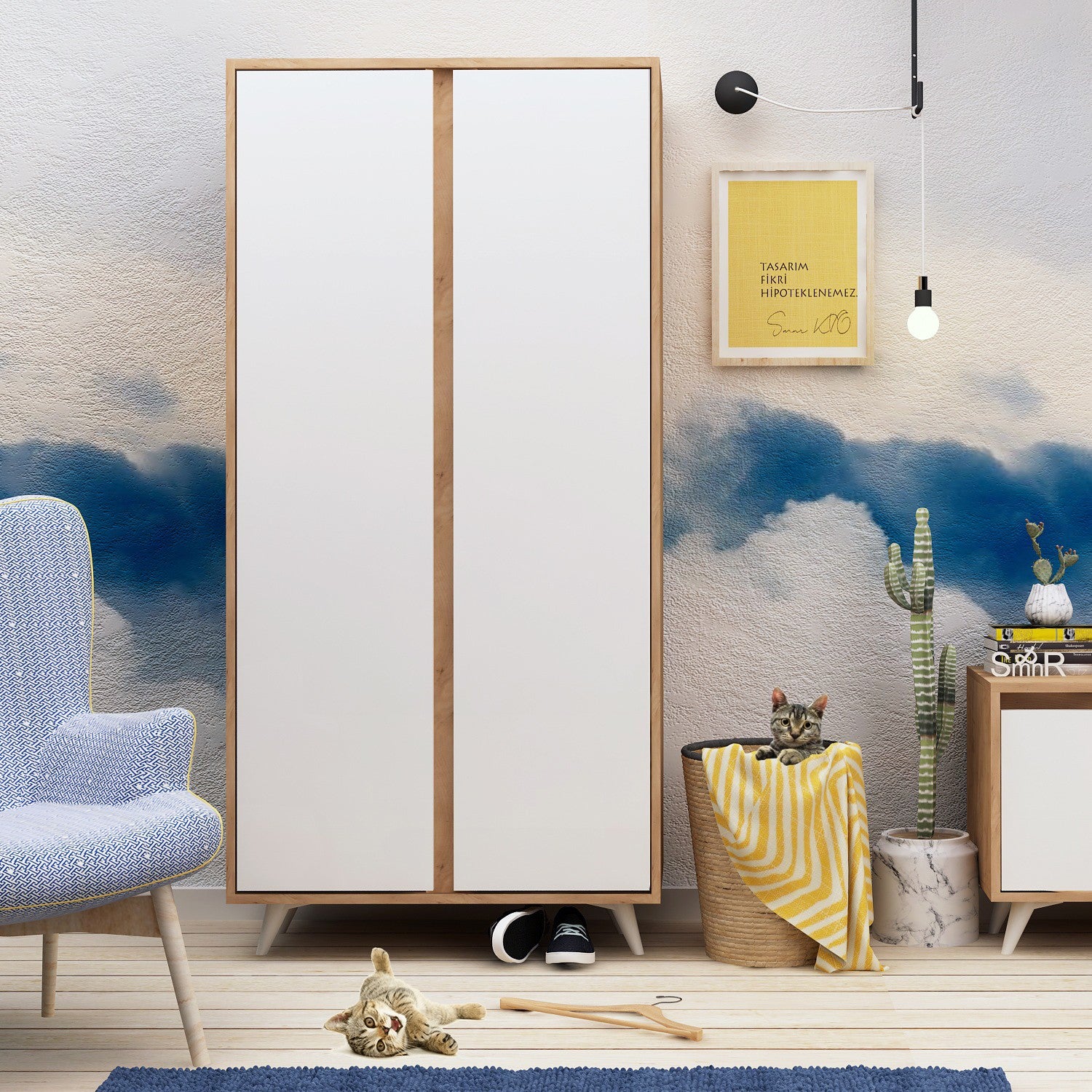 Guarda-roupa moderno – 100 cm x 187 cm x 52 cm – Carvalho e Branco – Melamina