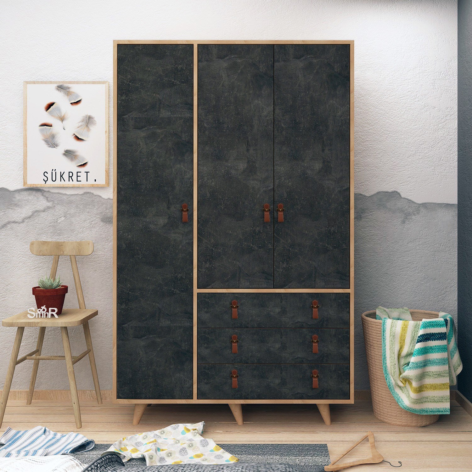 Guarda-roupa de madeira – 120 cm x 187 cm x 52 cm – Carvalho e Cinza Escuro – Melamina