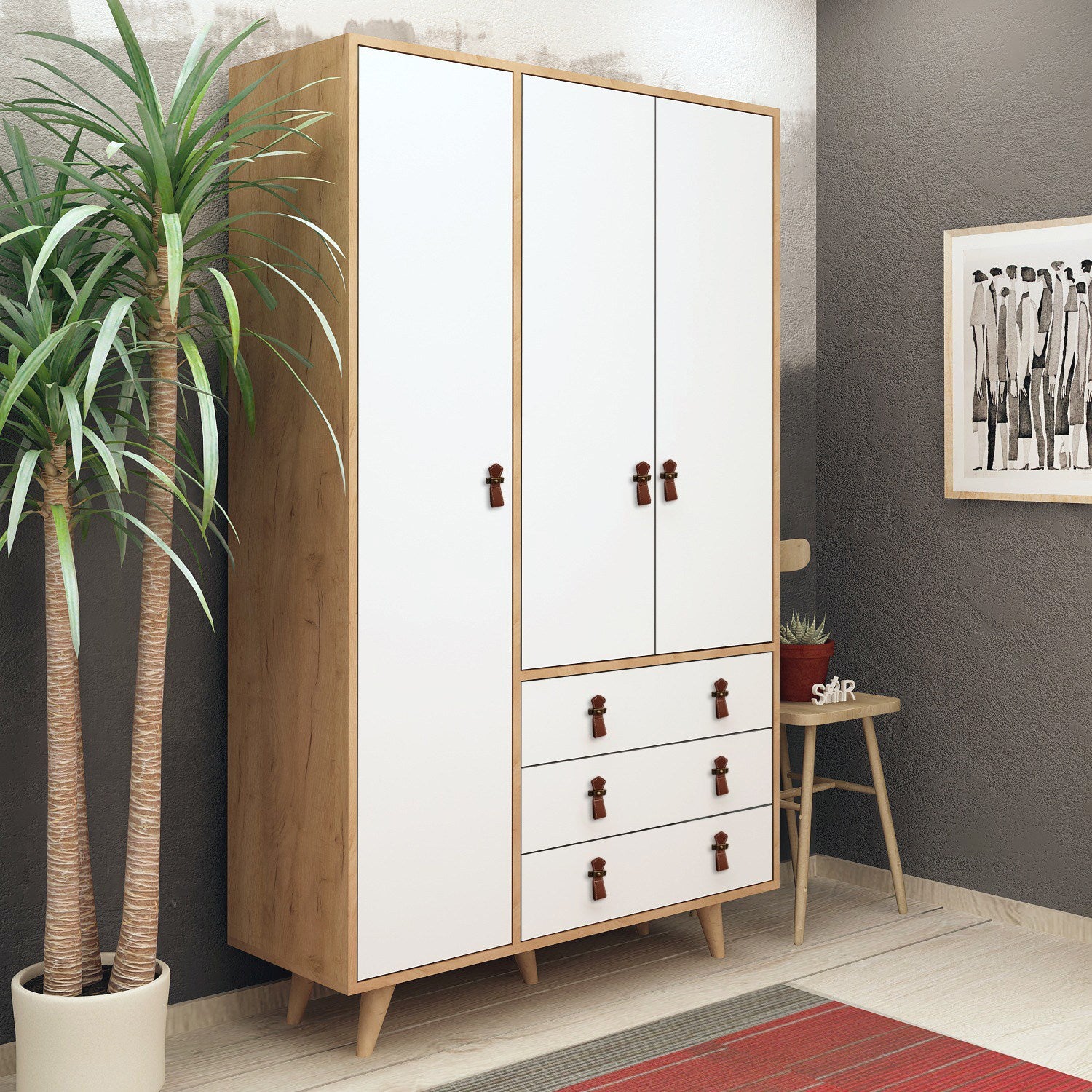 Guarda-roupa moderno com 3 gavetas e prateleiras – 120 x 187 x 52 cm – Carvalho e Branco – Melamina e Madeira
