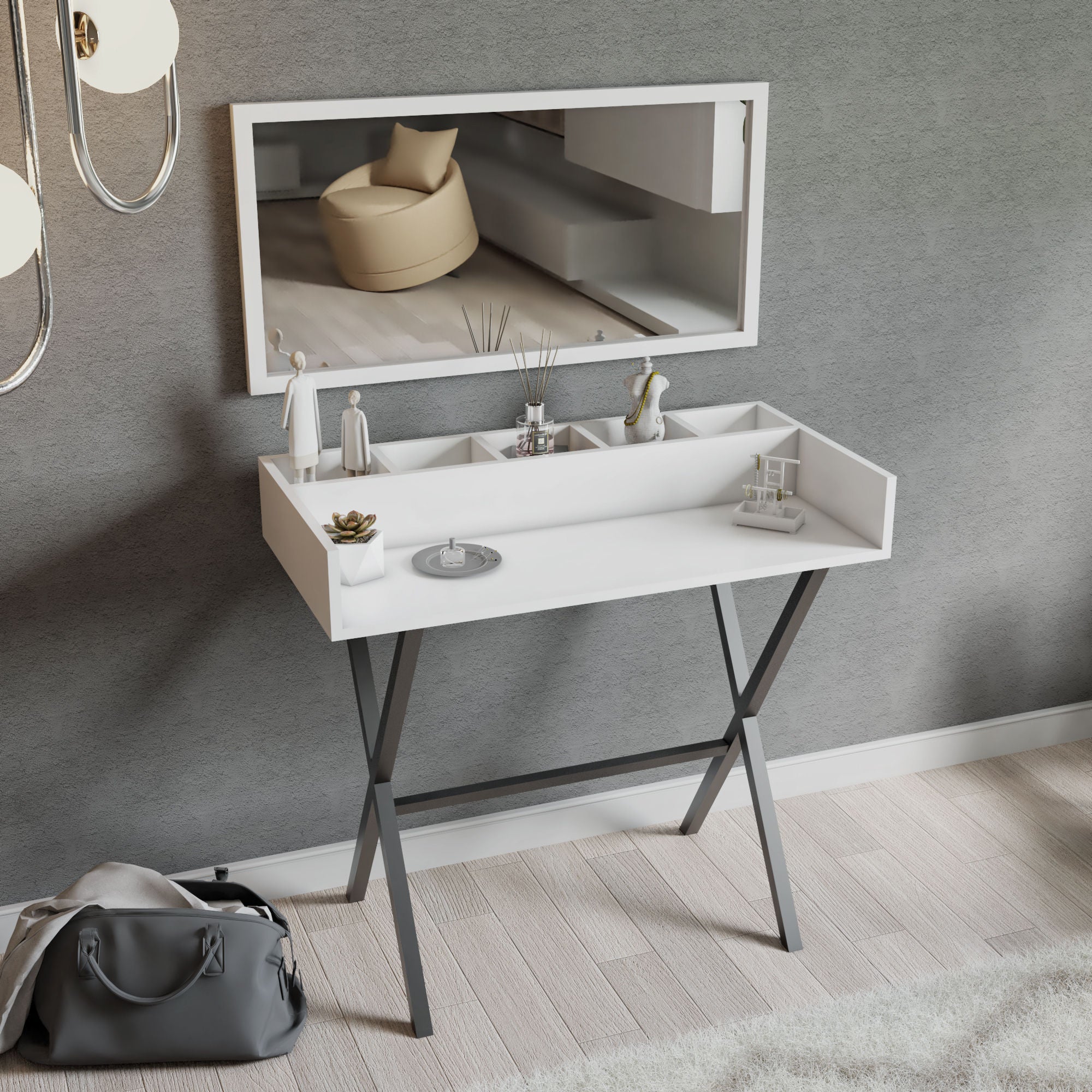 Toucador – 100cm x 91cm x 50cm – Branco e Preto – Painéis de Partículas revestidos a Melamina
