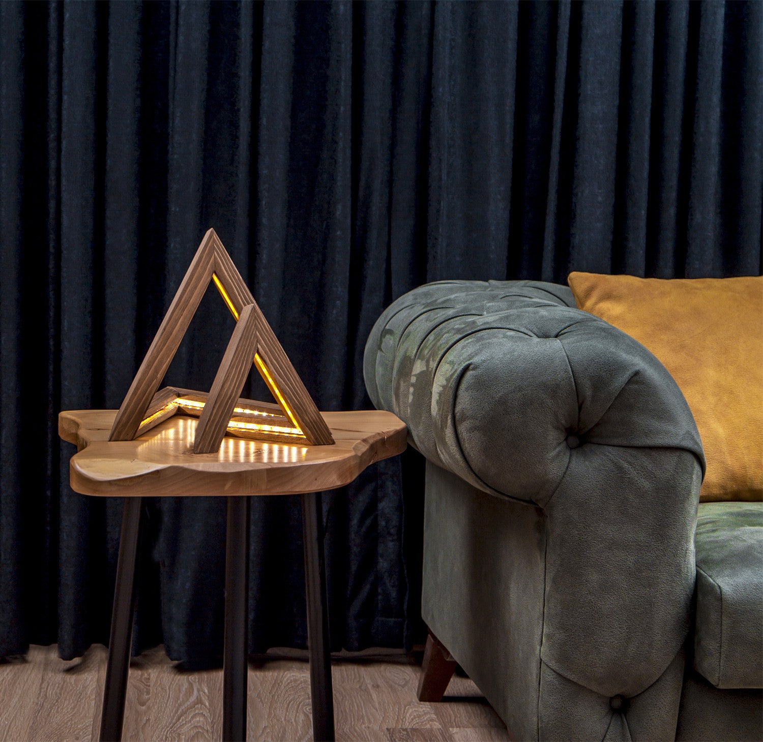 Conjunto de abajures artesanais (2 peças), madeira de abeto marrom, iluminação LED | Grande: 33x33x31 cm, Pequeno: 22x22x21 cm | Design rústico moderno, perfeito para decoração de casa
