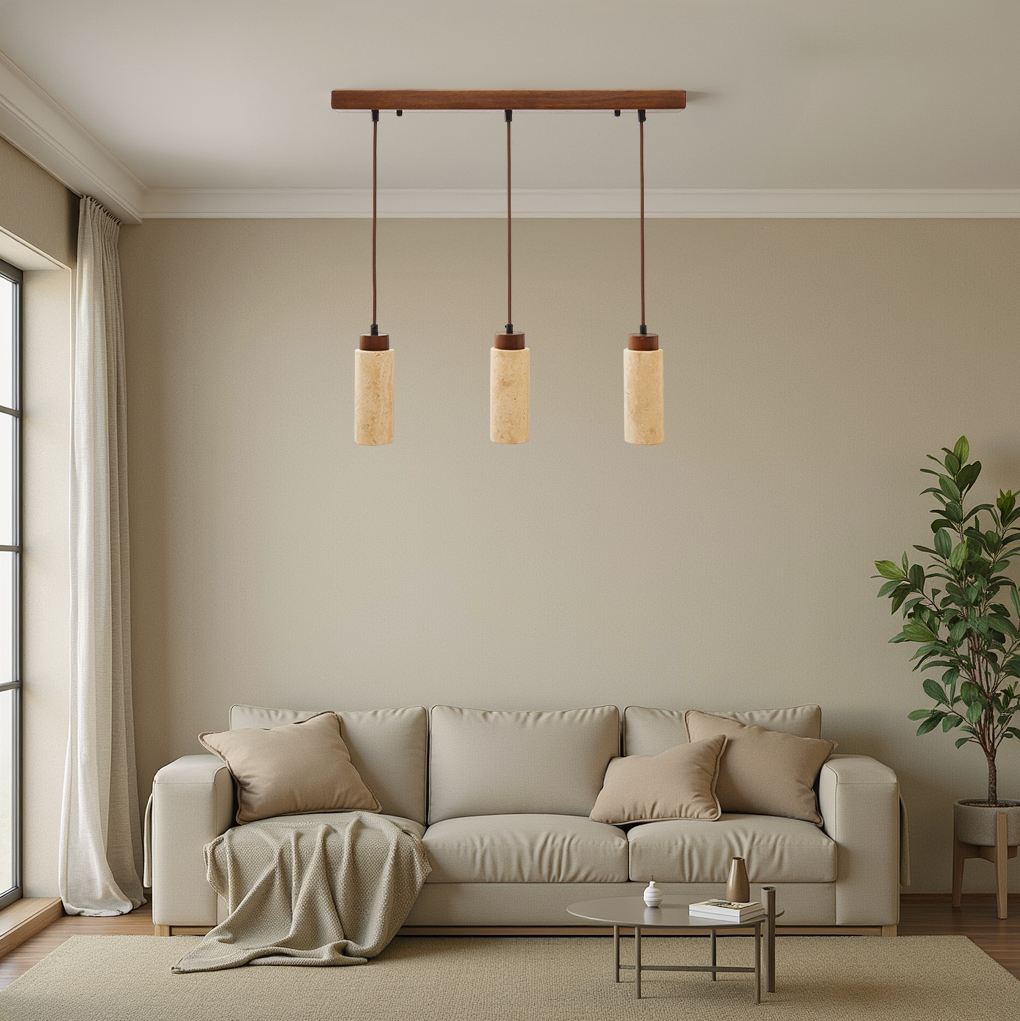 Candeeiro de Teto – 30-160 cm – Bege e Noz – Metal e Folha de Madeira