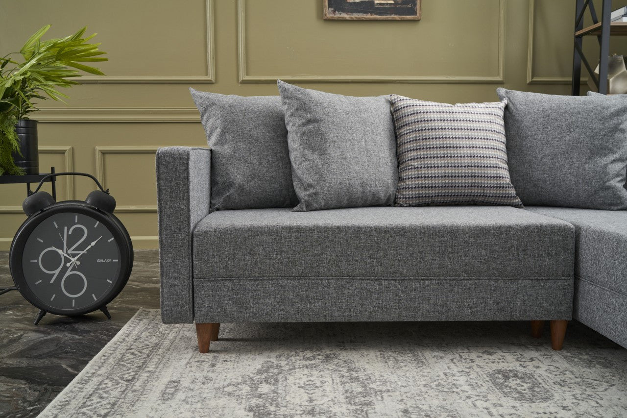 Sofá-cama de canto moderno, cinza, estrutura de madeira de faia, 215 cm | 100% poliéster, fácil de limpar, inclui almofadas | Perfeito para espaços de estar elegantes