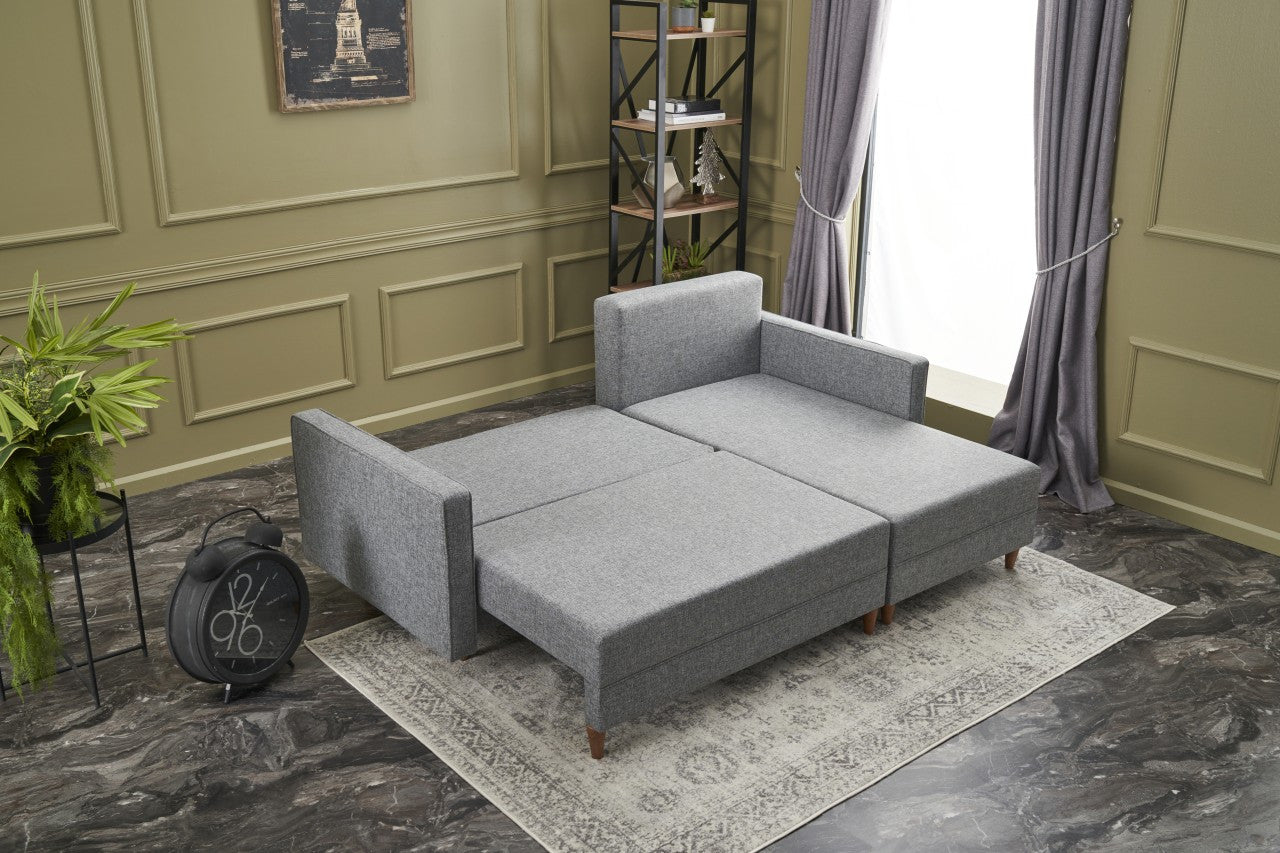 Sofá-cama de canto moderno, cinza, estrutura de madeira de faia, 215 cm | 100% poliéster, fácil de limpar, inclui almofadas | Perfeito para espaços de estar elegantes