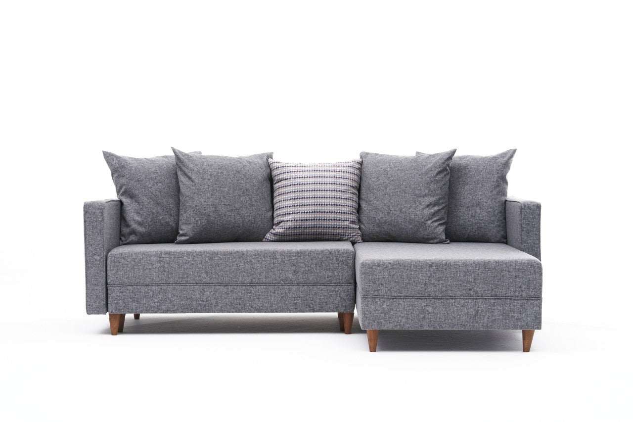 Sofá-cama de canto moderno, cinza, estrutura de madeira de faia, 215 cm | 100% poliéster, fácil de limpar, inclui almofadas | Perfeito para espaços de estar elegantes